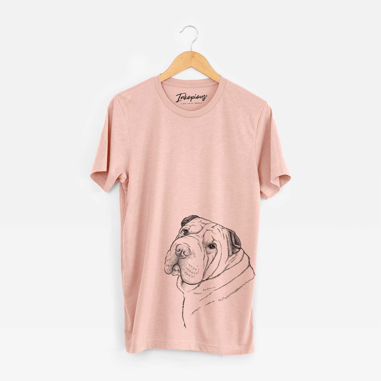 Hand-drawn sketch of Maximus the Shar Pei on a Peach Unisex crewneck