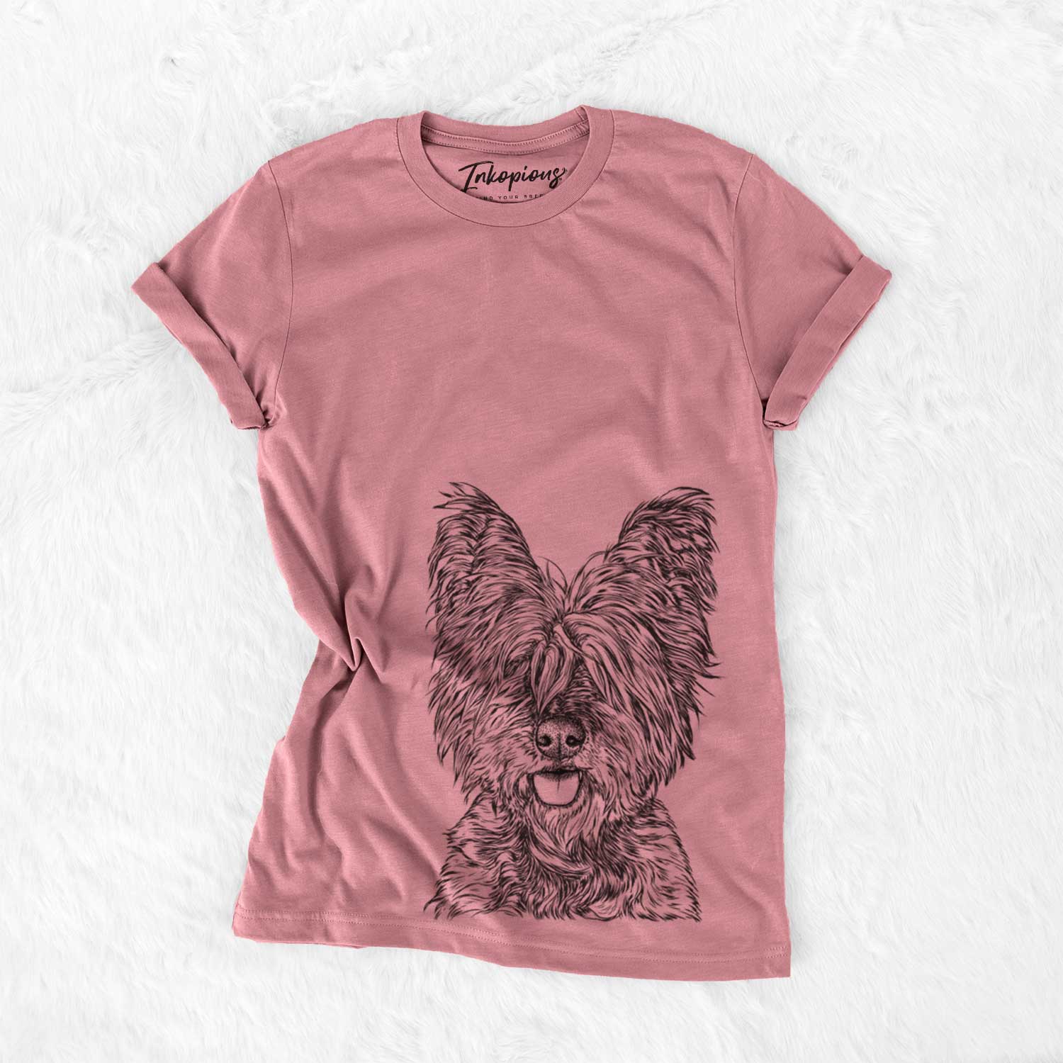 Hand-drawn sketch of McDuff the Cairn Terrier on a Mauve Bella Canvas Unisex Crewneck