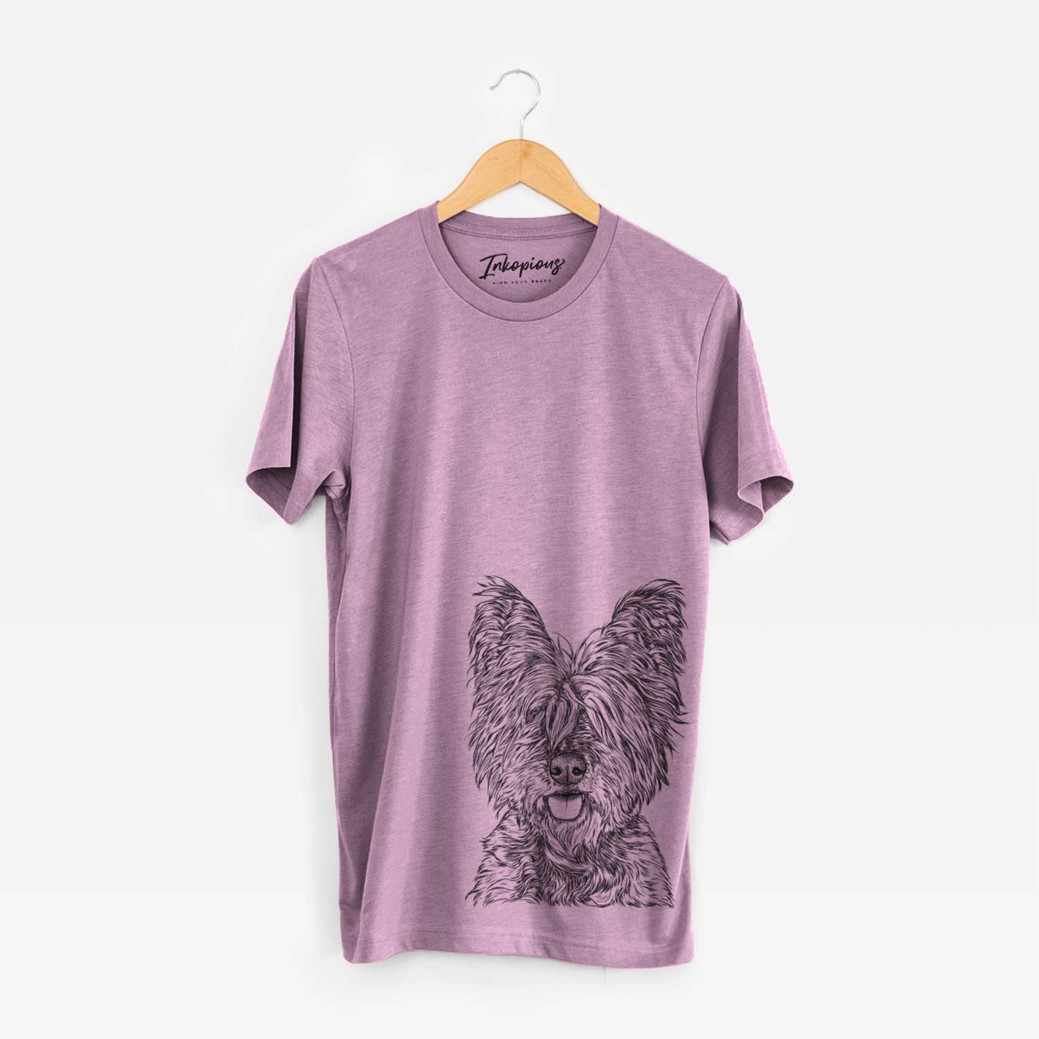 Hand-drawn sketch of McDuff the Cairn Terrier on an Orchid Bella Canvas Unisex Crewneck