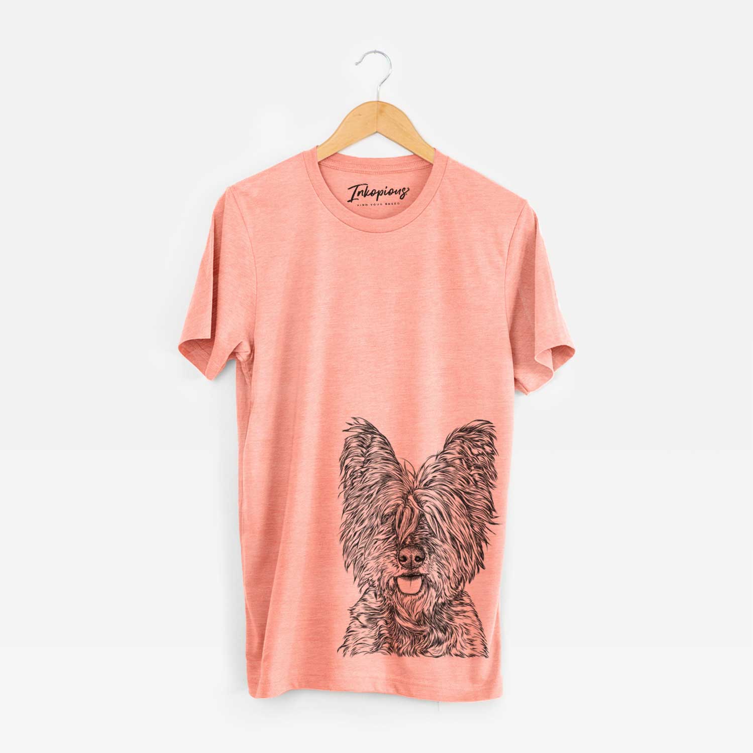 Hand-drawn sketch of McDuff the Cairn Terrier on a Sunset Bella Canvas Unisex Crewneck
