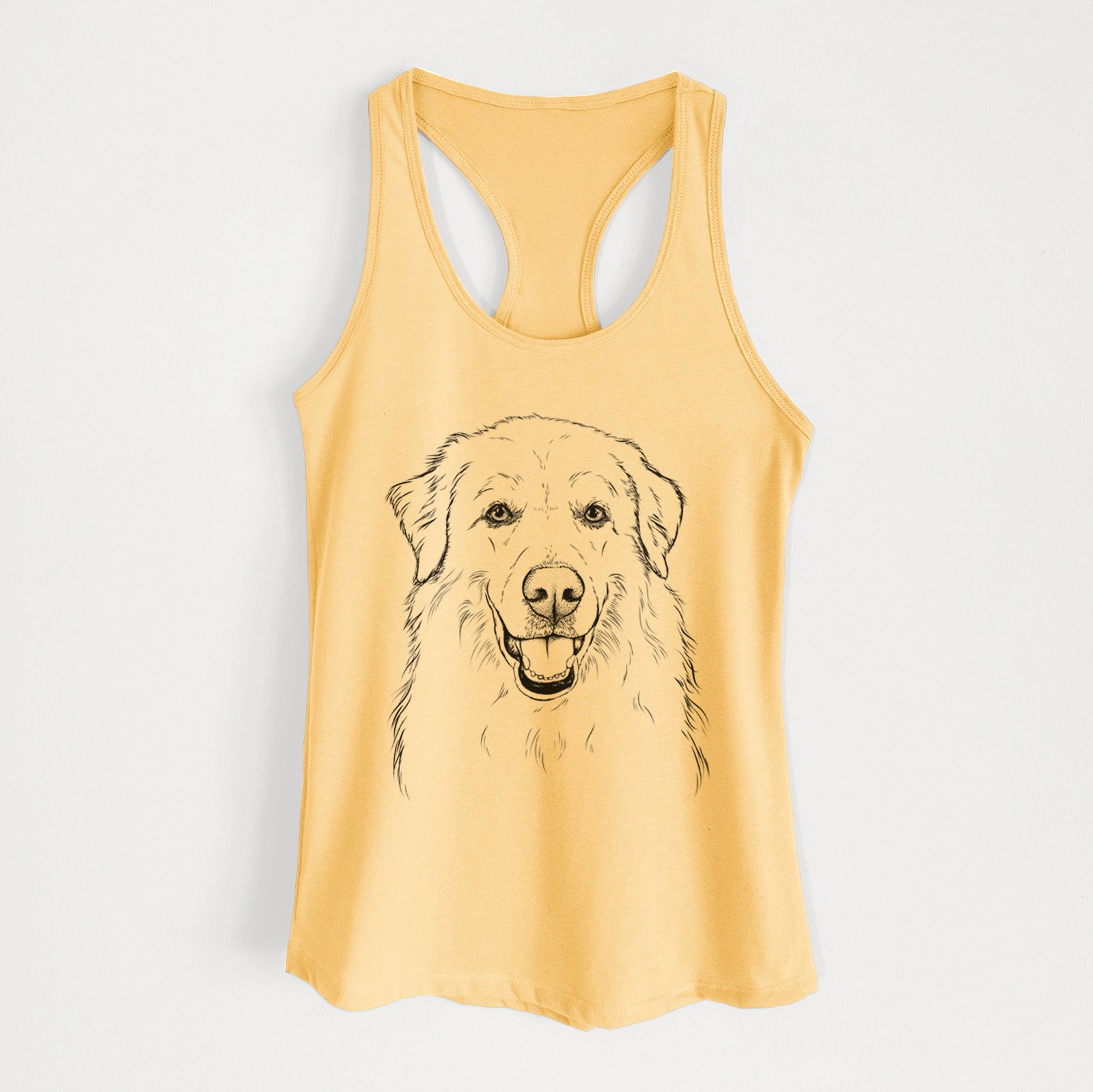 Hand-drawn sketch of Meg the Great Pyrenees on a Banana Cream Women's racerback tanktop
