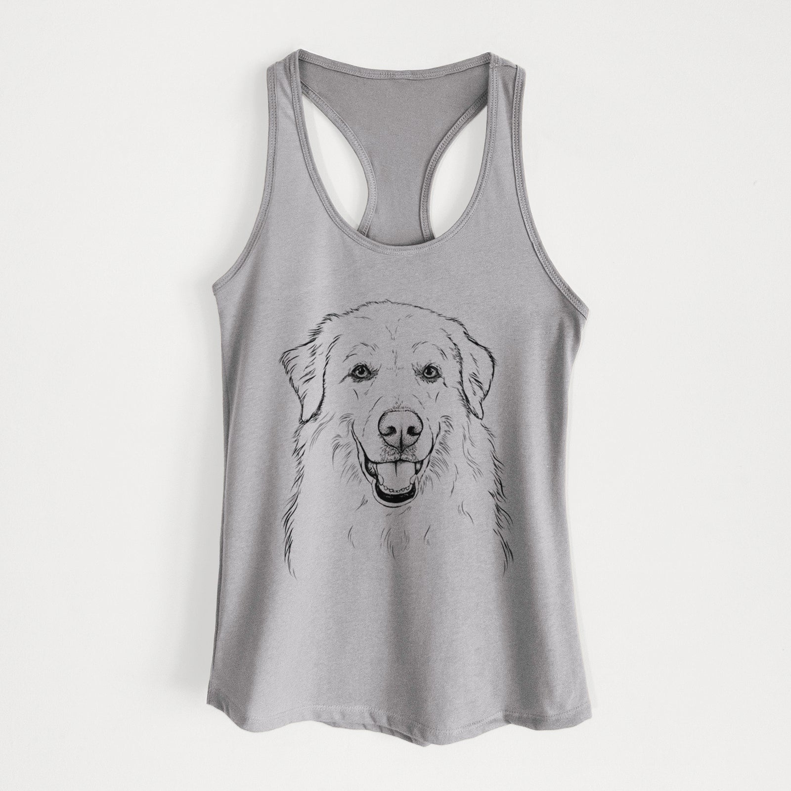 Hand-drawn sketch of Meg the Great Pyrenees on a Heather Grey Women's racerback tanktop