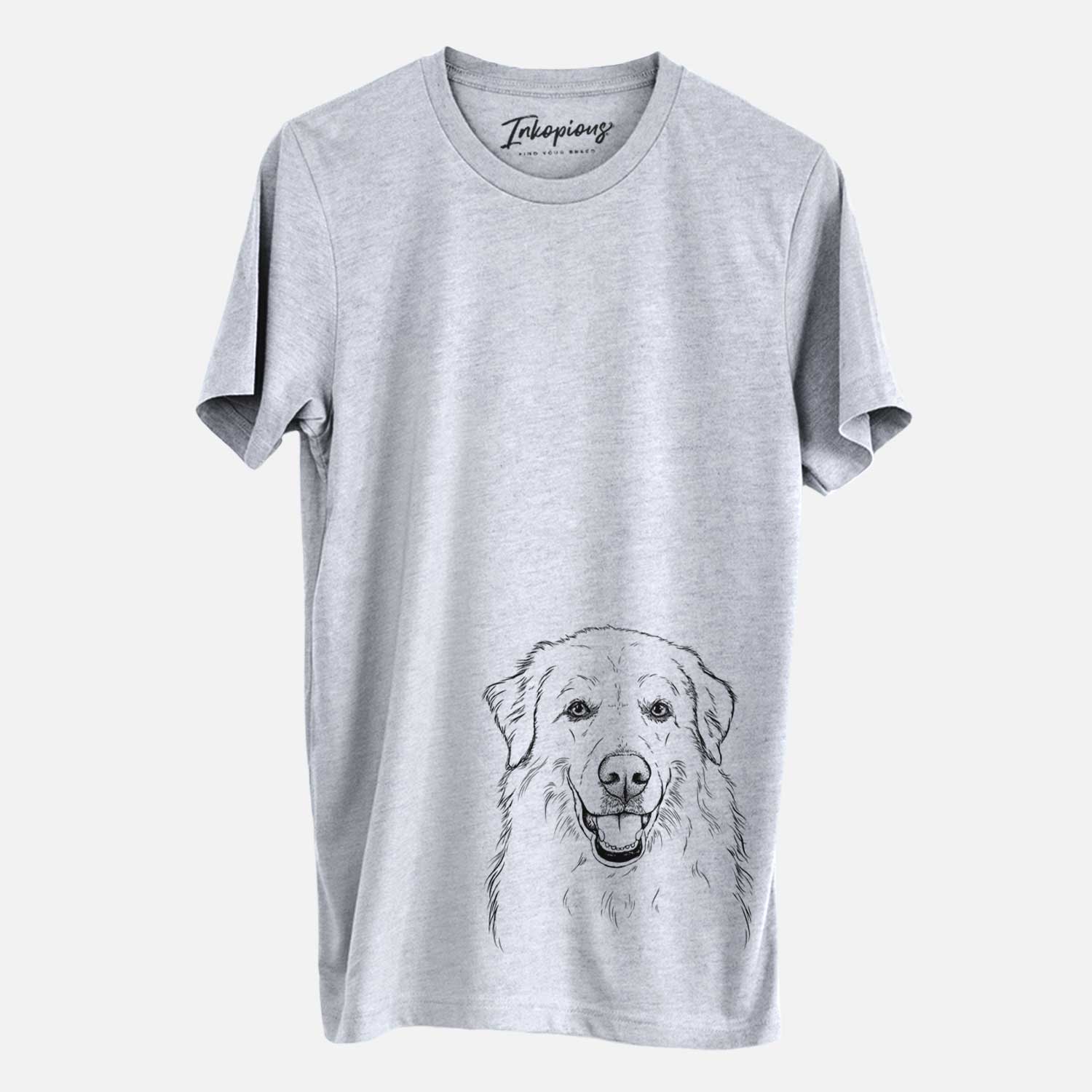 Hand-drawn sketch of Meg the Great Pyrenees on a Grey Unisex crewneck