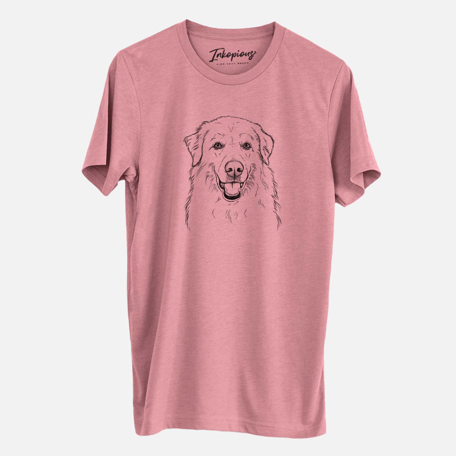 Hand-drawn sketch of Meg the Great Pyrenees on a Mauve Unisex crewneck