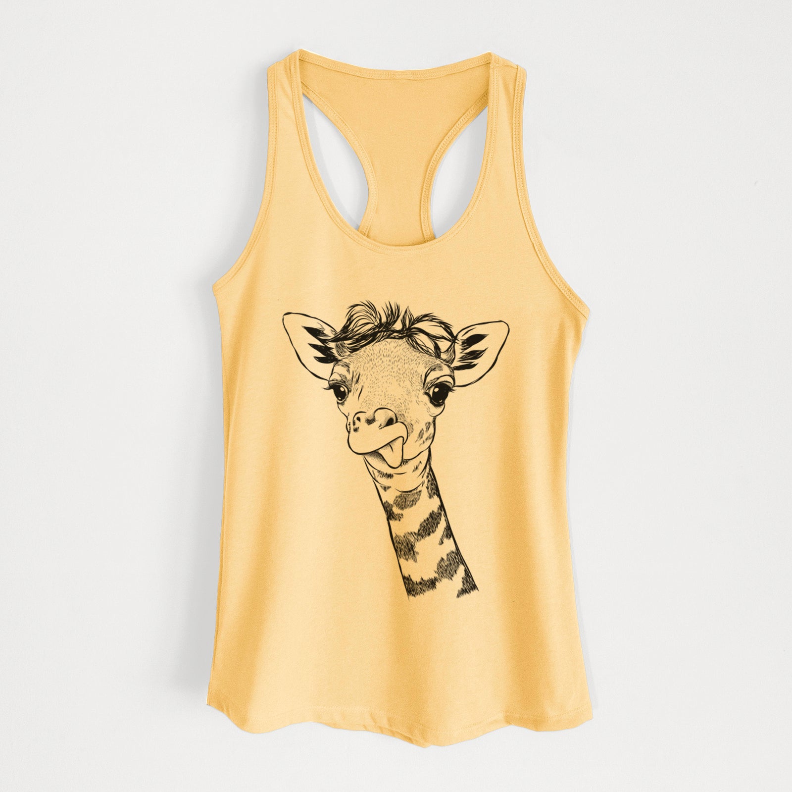 Hand-drawn sketch of Mel the Baby Giraffe on a Banana Cream Women's racerback tanktop