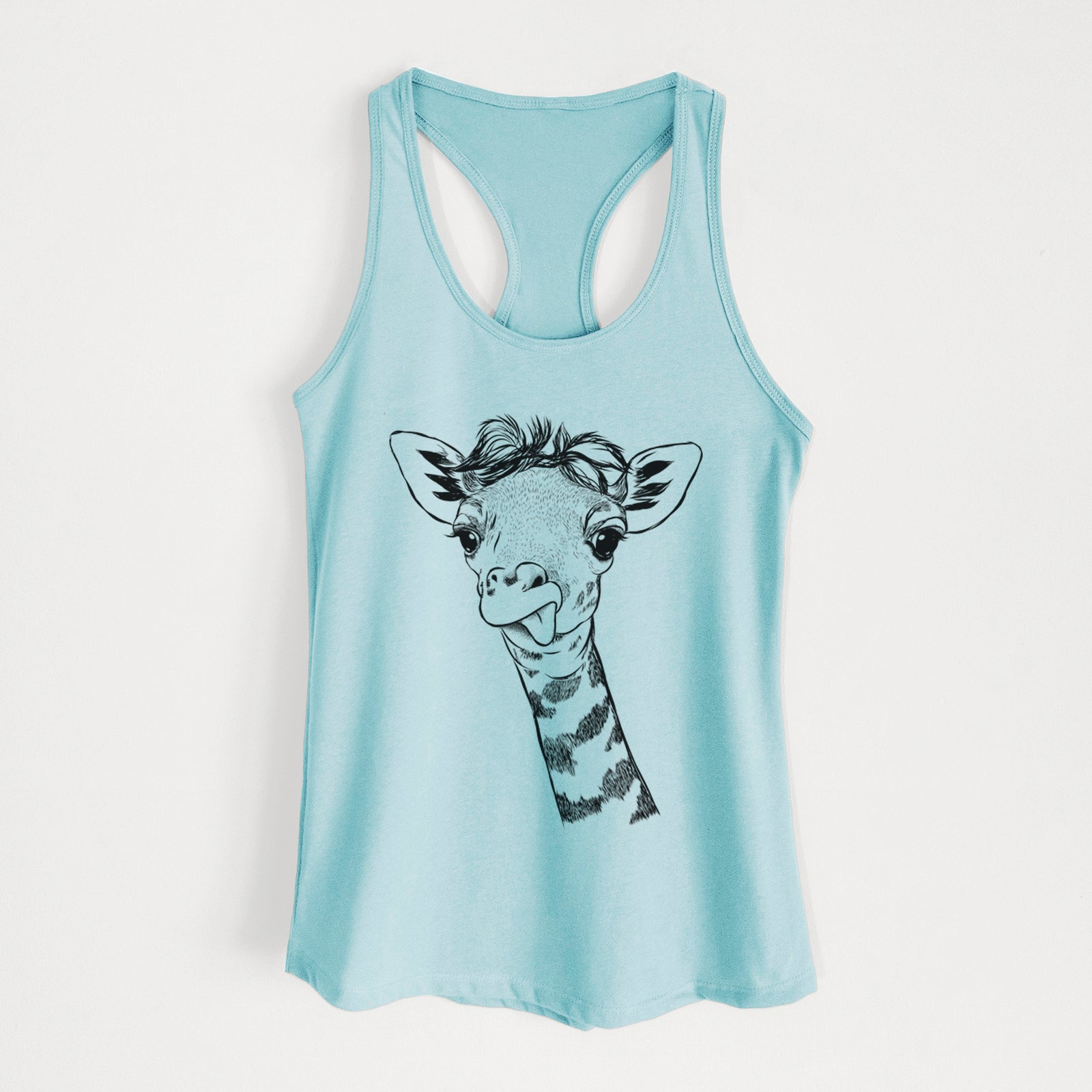 Hand-drawn sketch of Mel the Baby Giraffe on a Cancun Blue Women's racerback tanktop