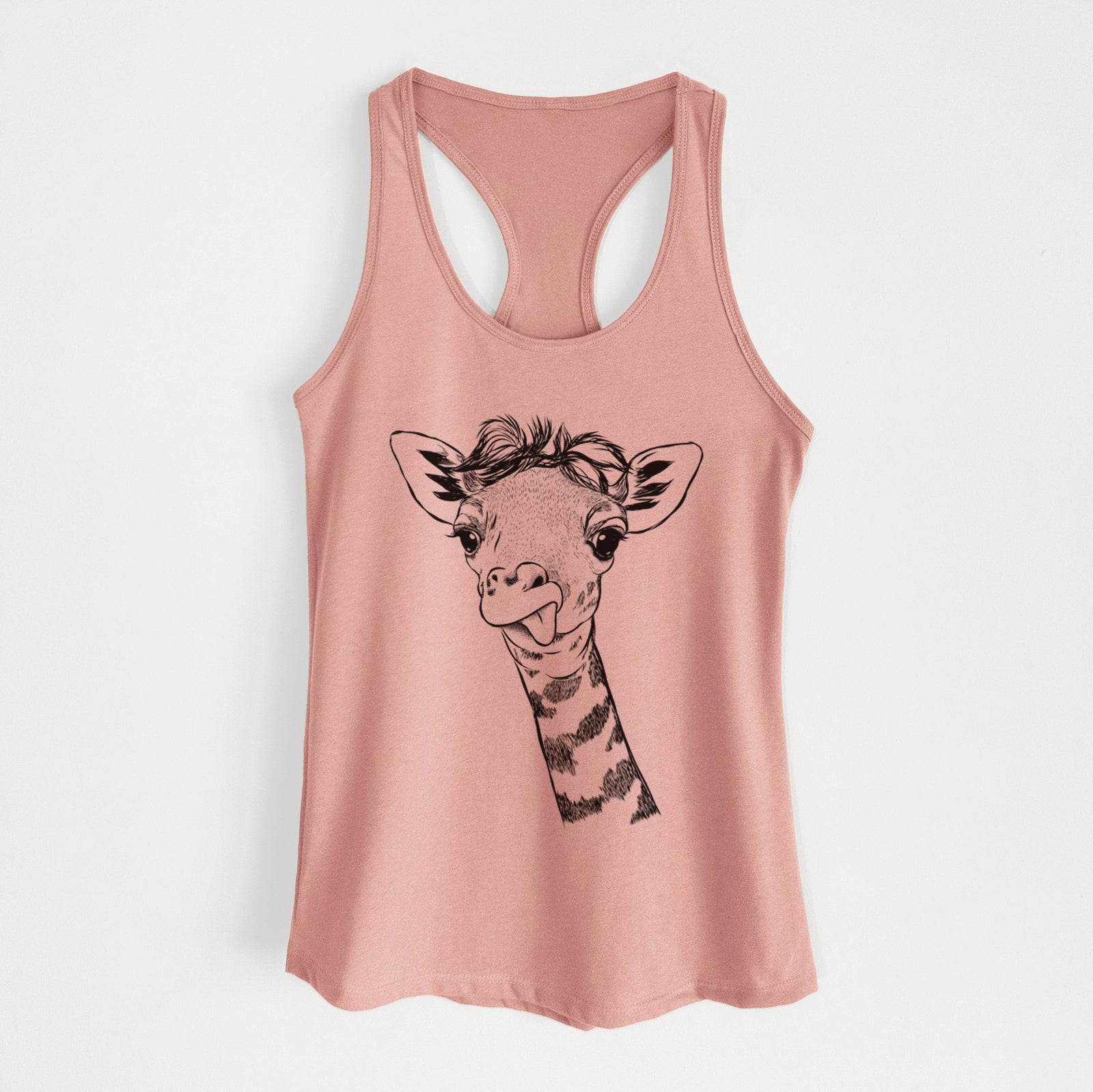 Hand-drawn sketch of Mel the Baby Giraffe on a Desert Pink Women's racerback tanktop