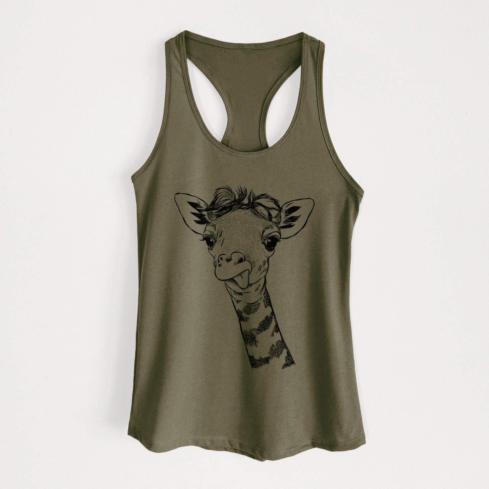 Hand-drawn sketch of Mel the Baby Giraffe on a Military Green Women's racerback tanktop