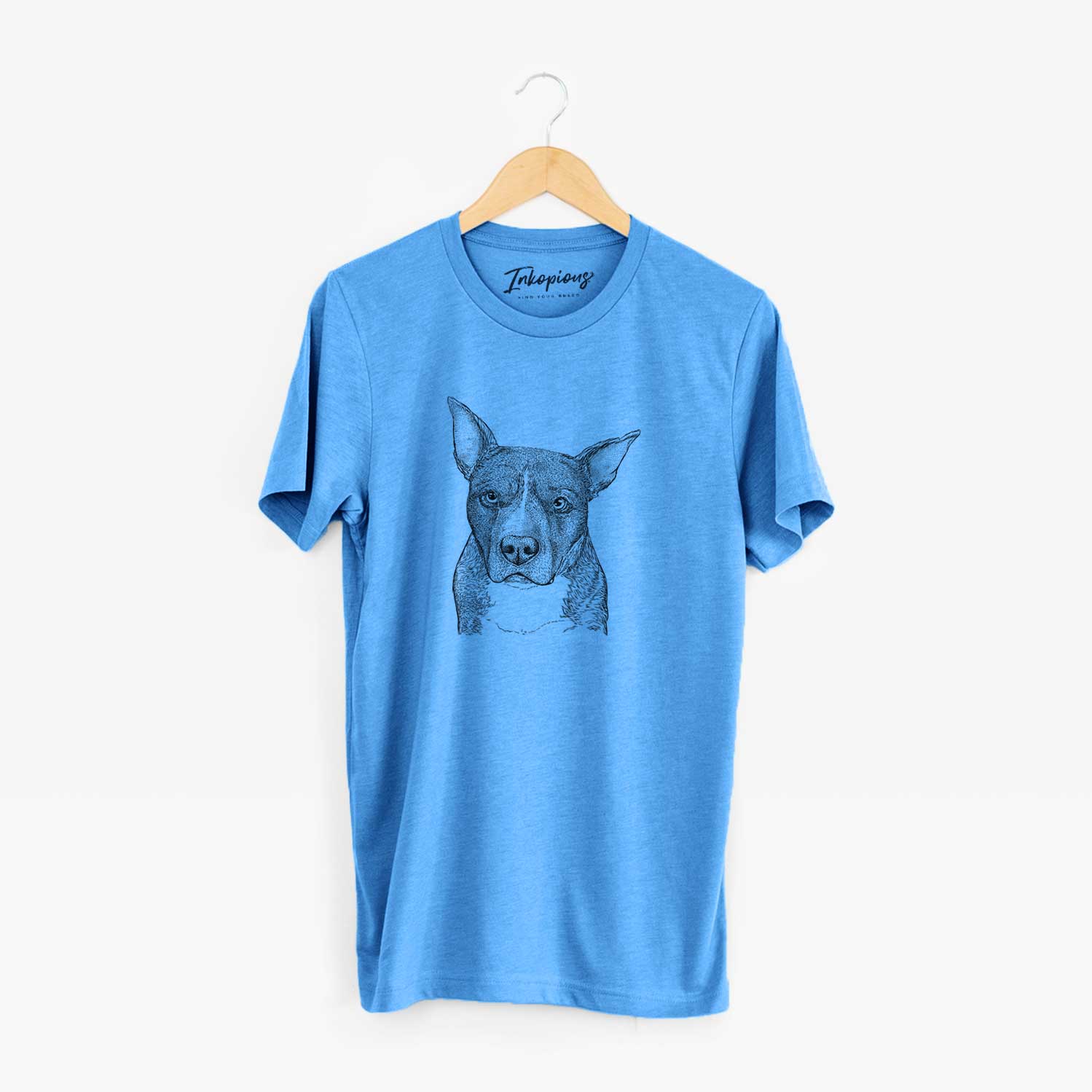 Hand-drawn sketch of Mercy the Pitbull on a Blue Unisex crewneck