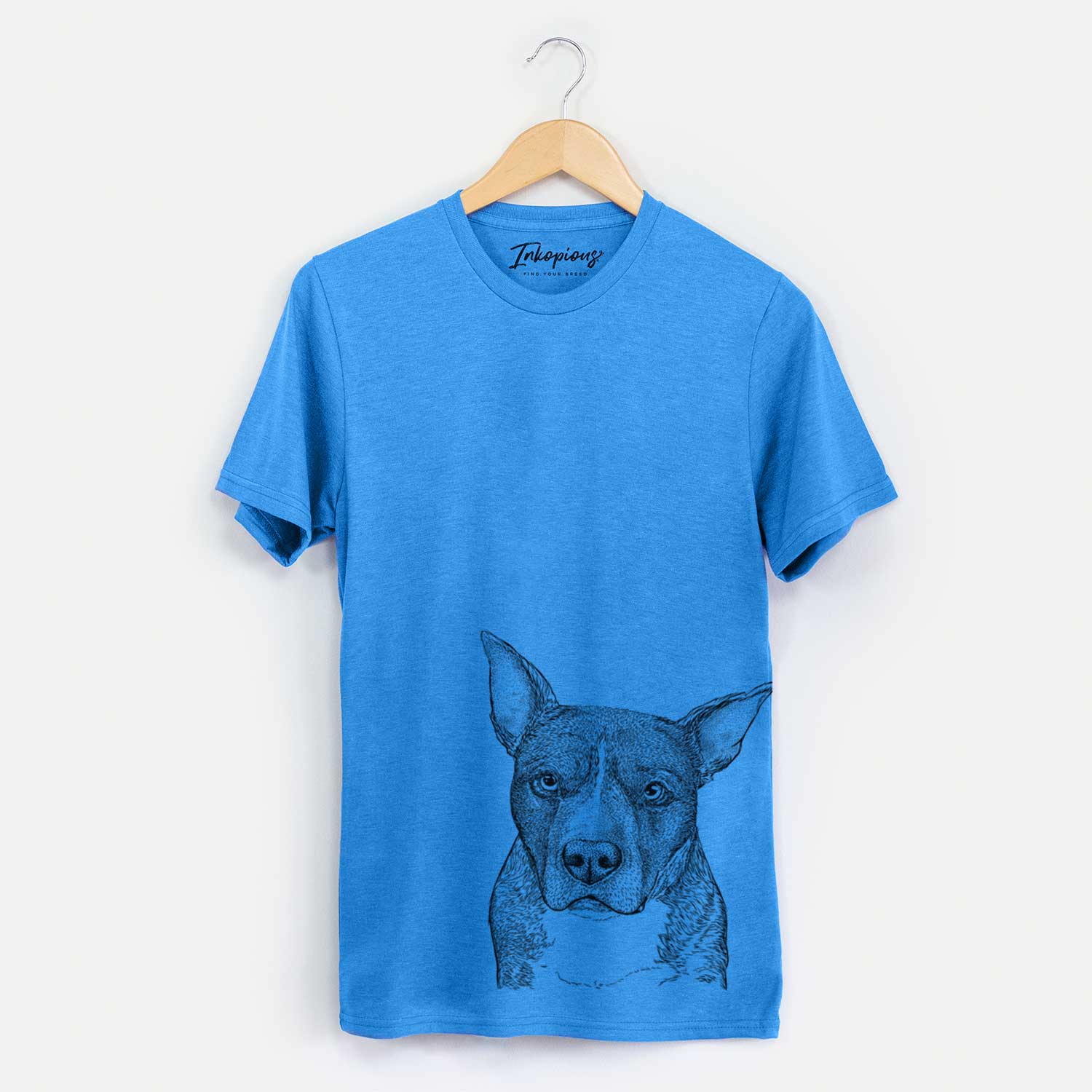 Hand-drawn sketch of Mercy the Pitbull on a Blue Unisex crewneck