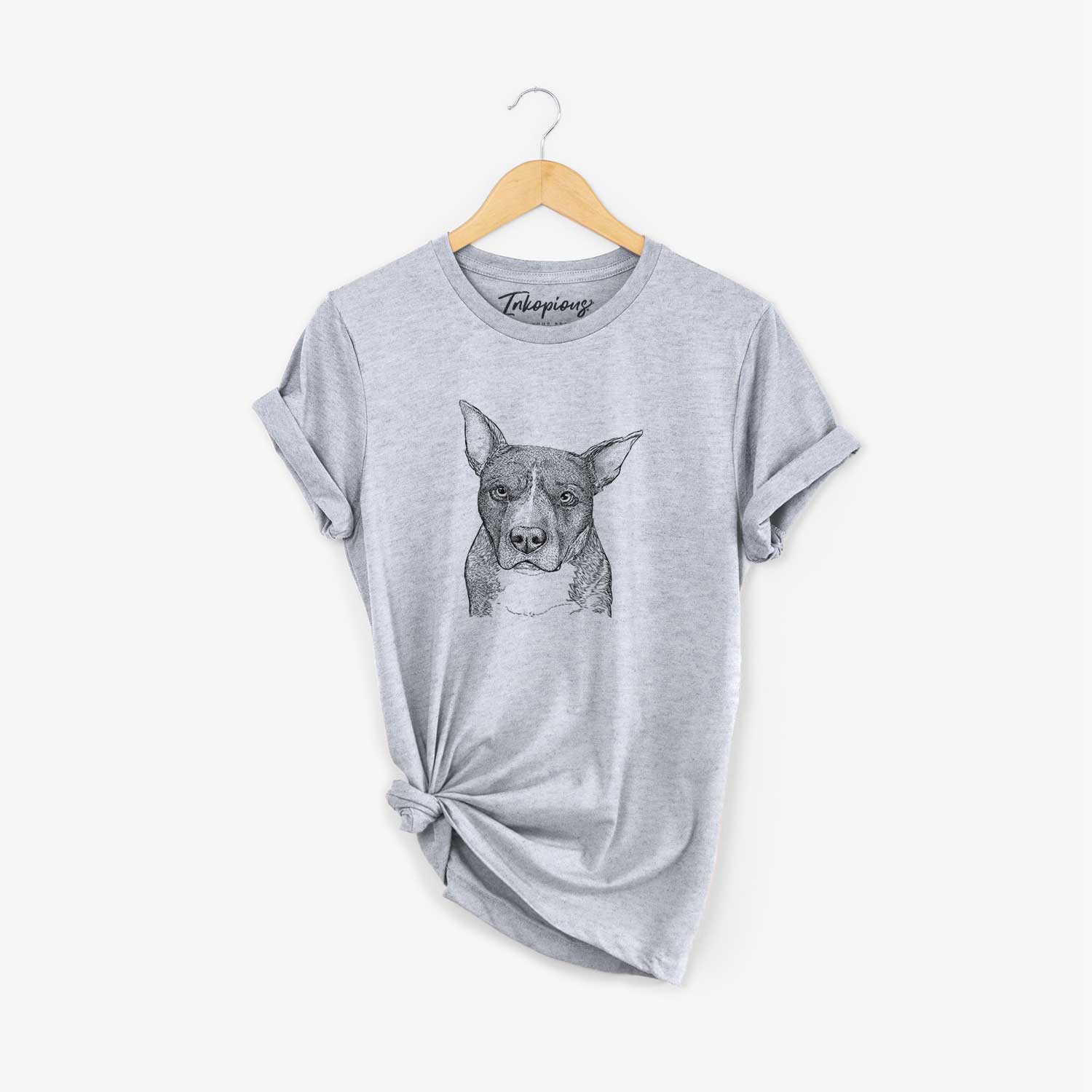 Hand-drawn sketch of Mercy the Pitbull on a Grey Unisex crewneck