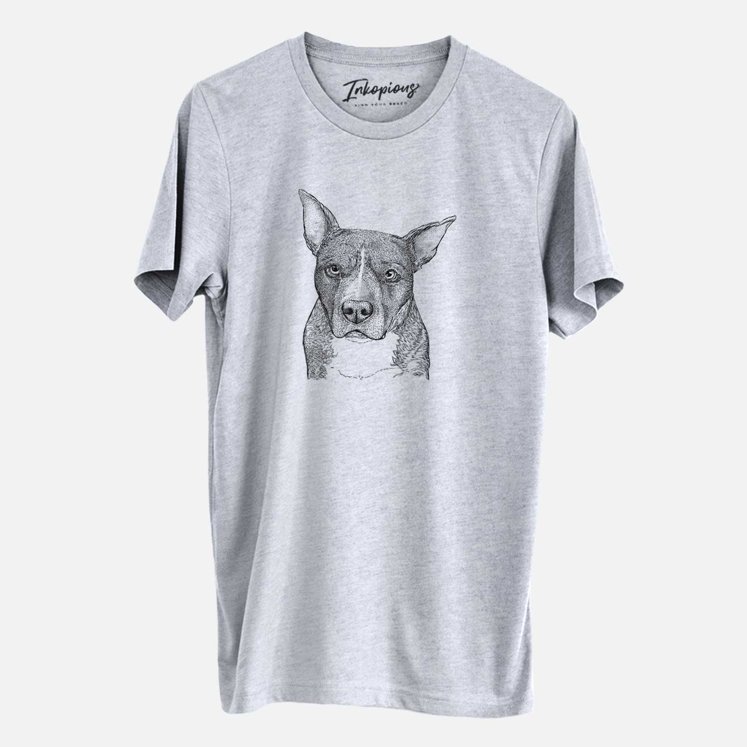 Hand-drawn sketch of Mercy the Pitbull on a Grey Unisex crewneck