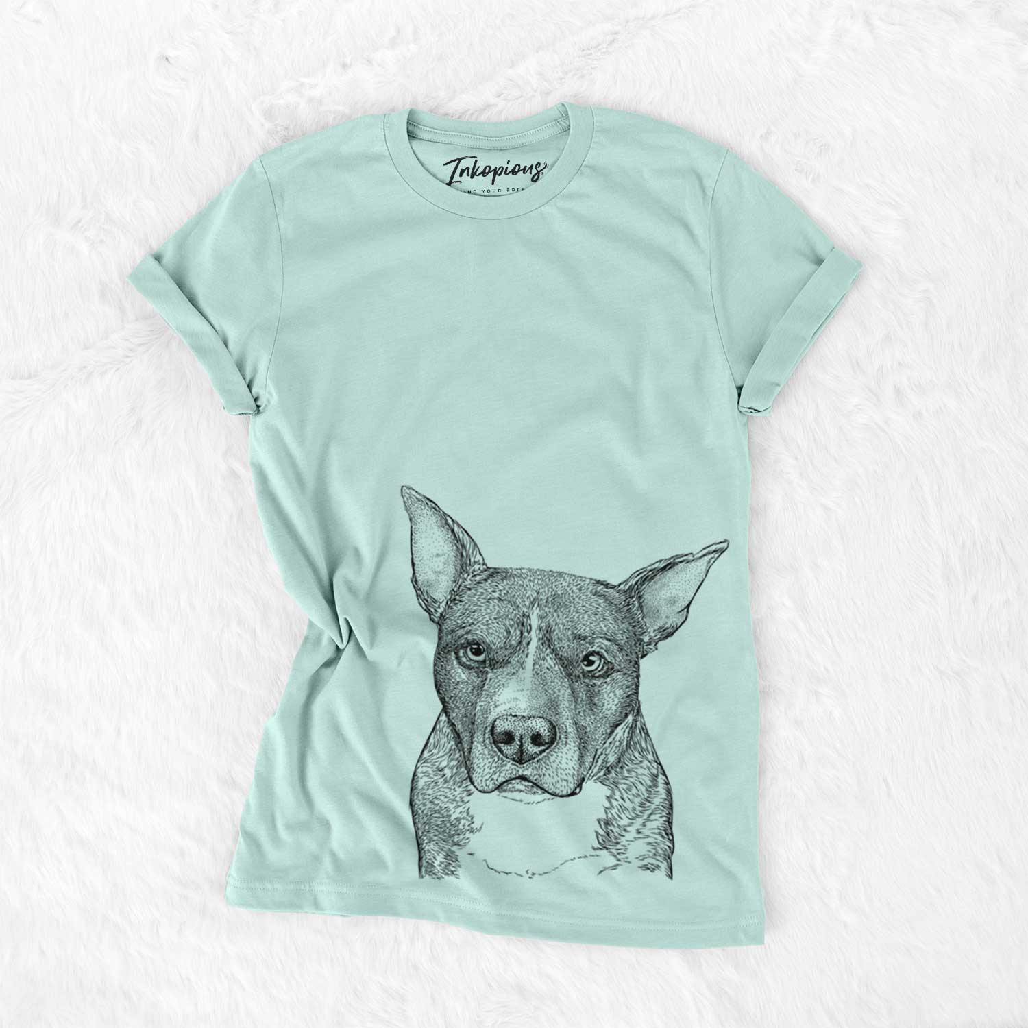 Hand-drawn sketch of Mercy the Pitbull on a Heather Sage Unisex crewneck