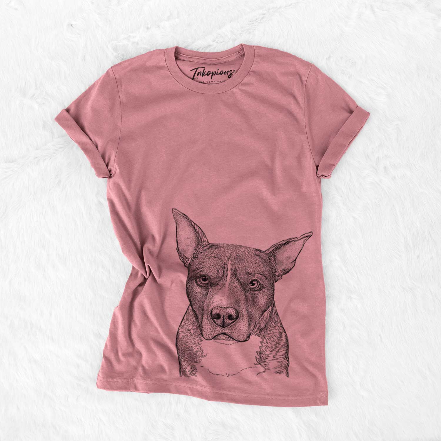 Hand-drawn sketch of Mercy the Pitbull on a Mauve Unisex crewneck