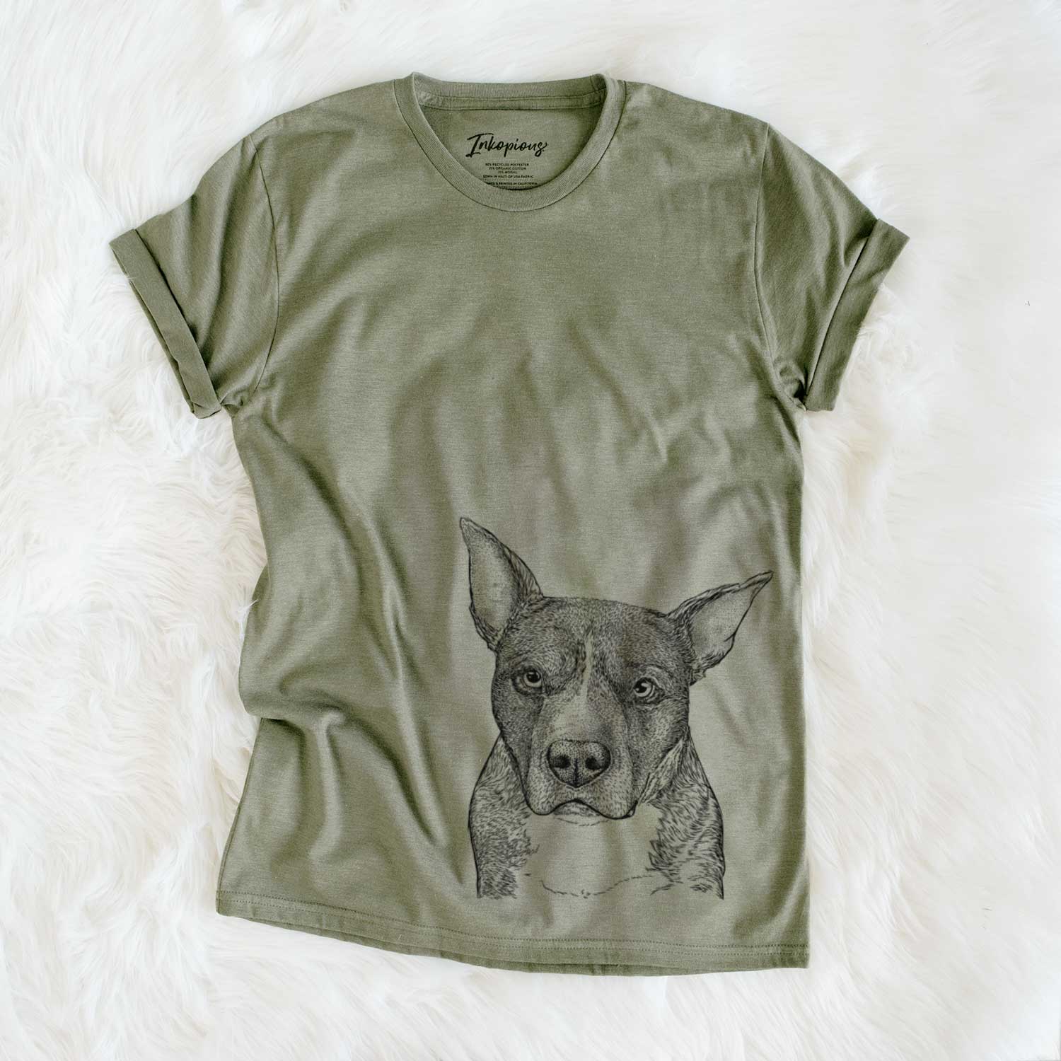 Hand-drawn sketch of Mercy the Pitbull on an Olive Unisex crewneck