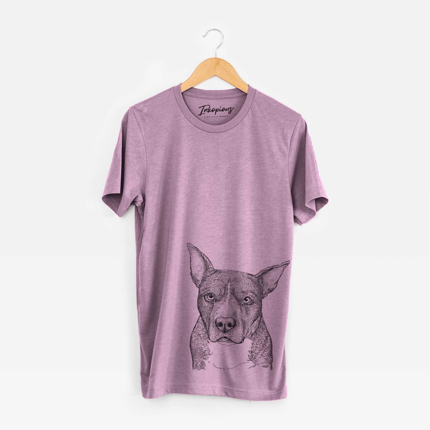 Hand-drawn sketch of Mercy the Pitbull on an Orchid Unisex crewneck