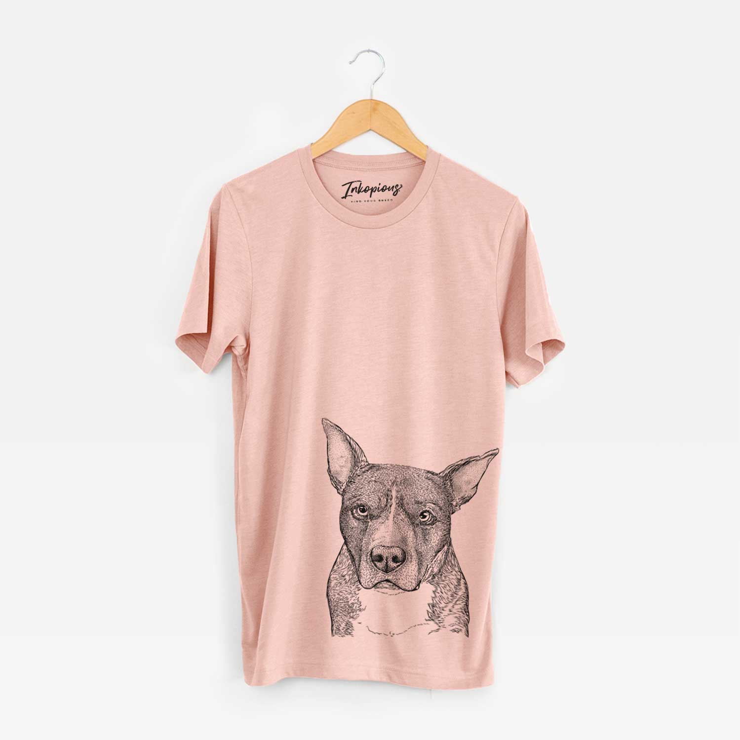 Hand-drawn sketch of Mercy the Pitbull on a Peach Unisex crewneck