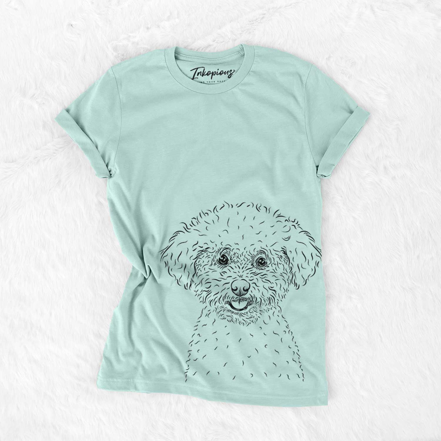 Hand-drawn sketch of Mickey the Bichon Frise on a Heather Sage Bella Canvas Unisex Crewneck