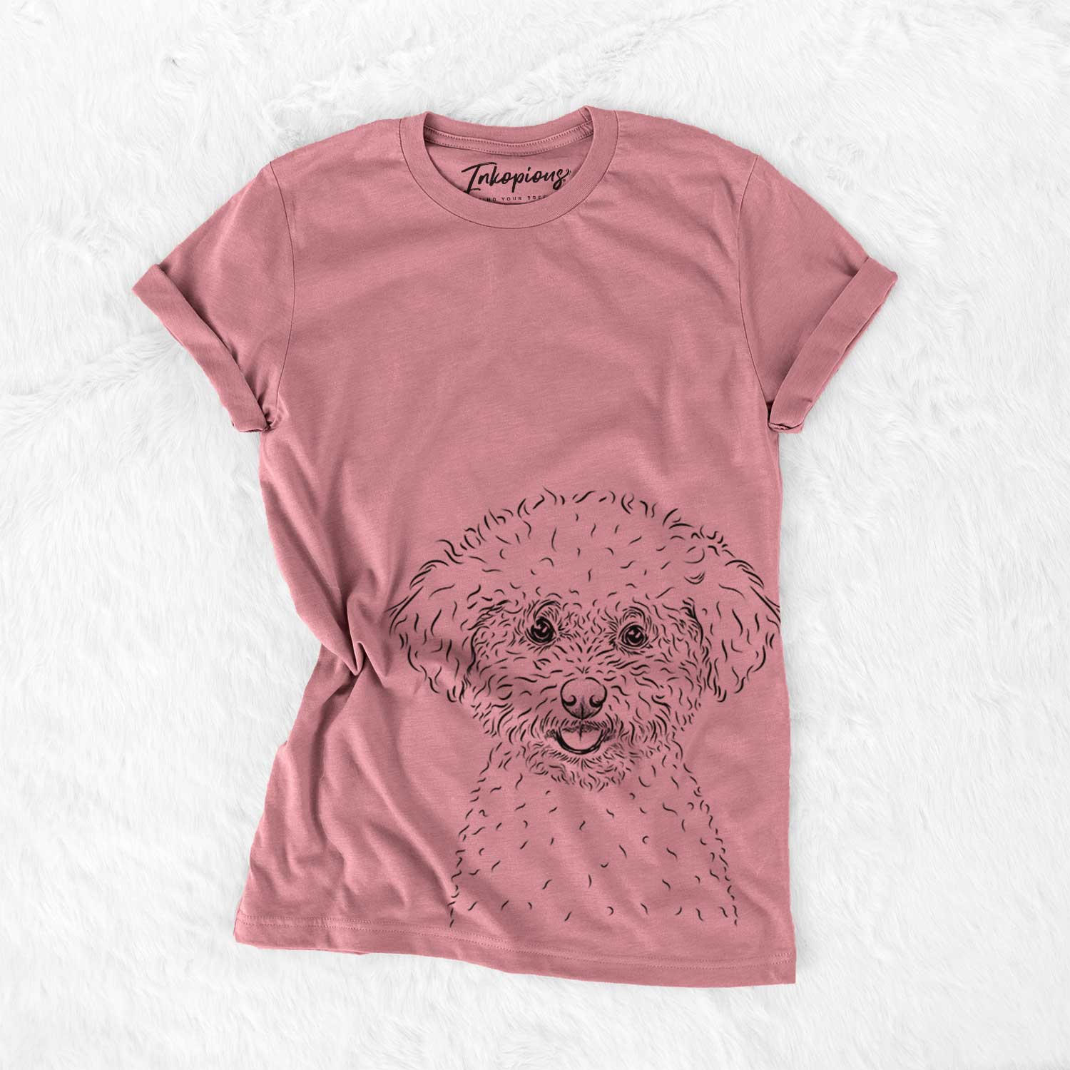 Hand-drawn sketch of Mickey the Bichon Frise on a Mauve Bella Canvas Unisex Crewneck