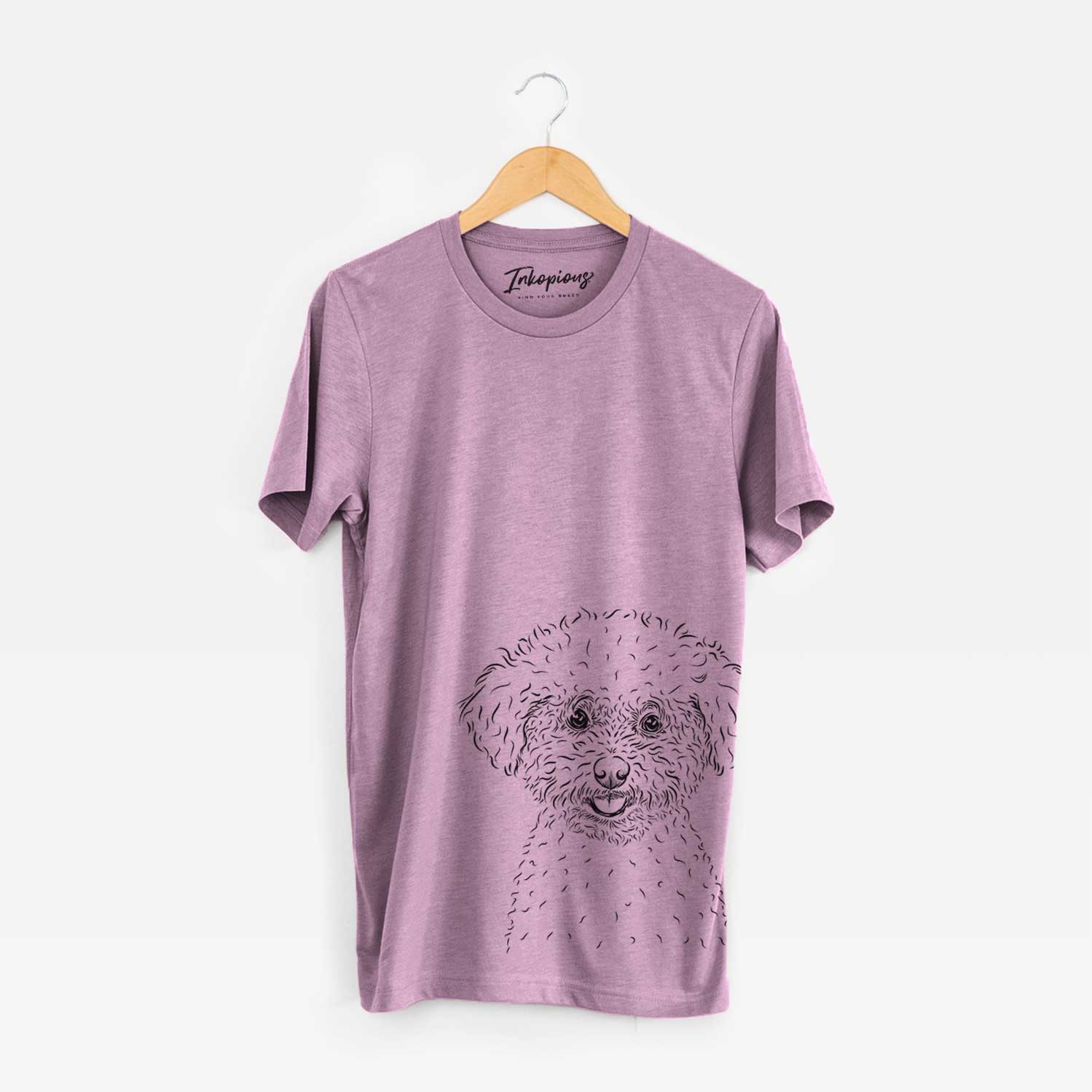 Hand-drawn sketch of Mickey the Bichon Frise on an Orchid Bella Canvas Unisex Crewneck