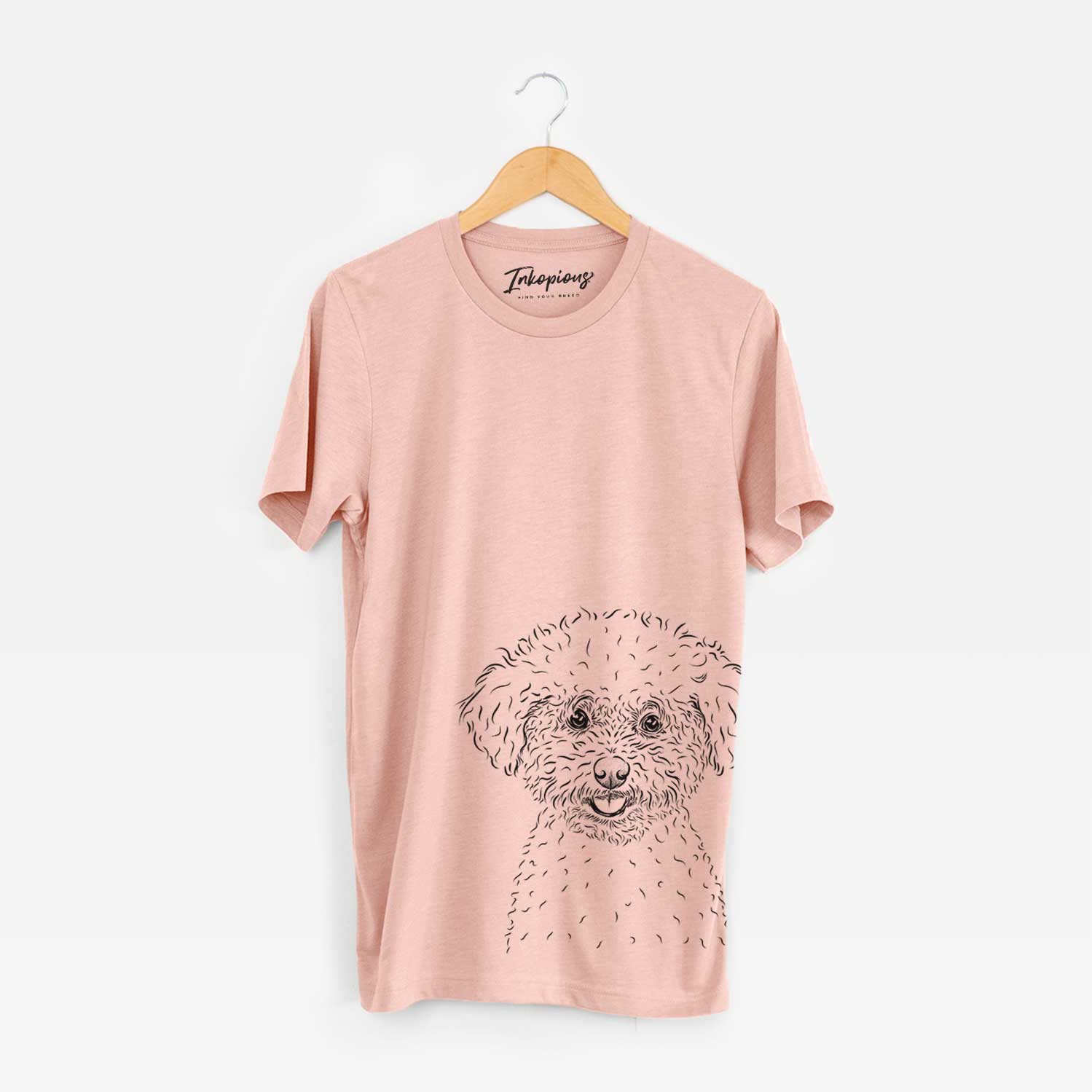 Hand-drawn sketch of Mickey the Bichon Frise on a Peach Bella Canvas Unisex Crewneck