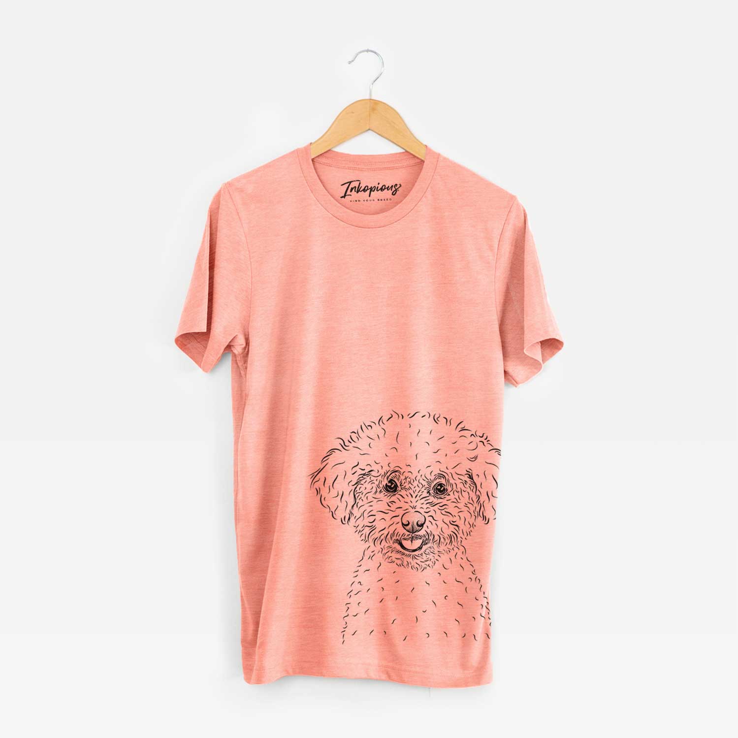 Hand-drawn sketch of Mickey the Bichon Frise on a Sunset Bella Canvas Unisex Crewneck