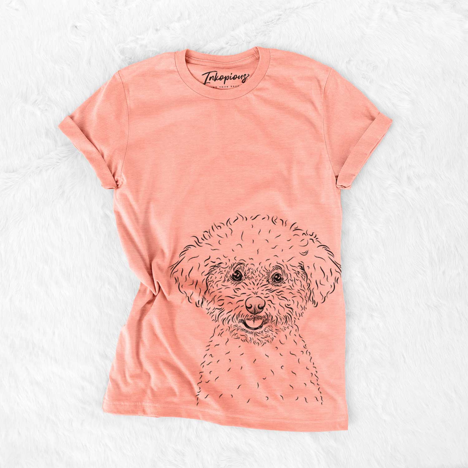 Hand-drawn sketch of Mickey the Bichon Frise on a Sunset Bella Canvas Unisex Crewneck