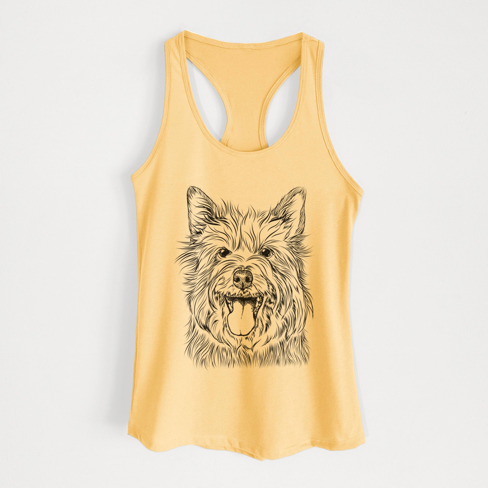 Hand-drawn sketch of Middy the Australian Terrier on a Banana Cream Women's racerback tanktop