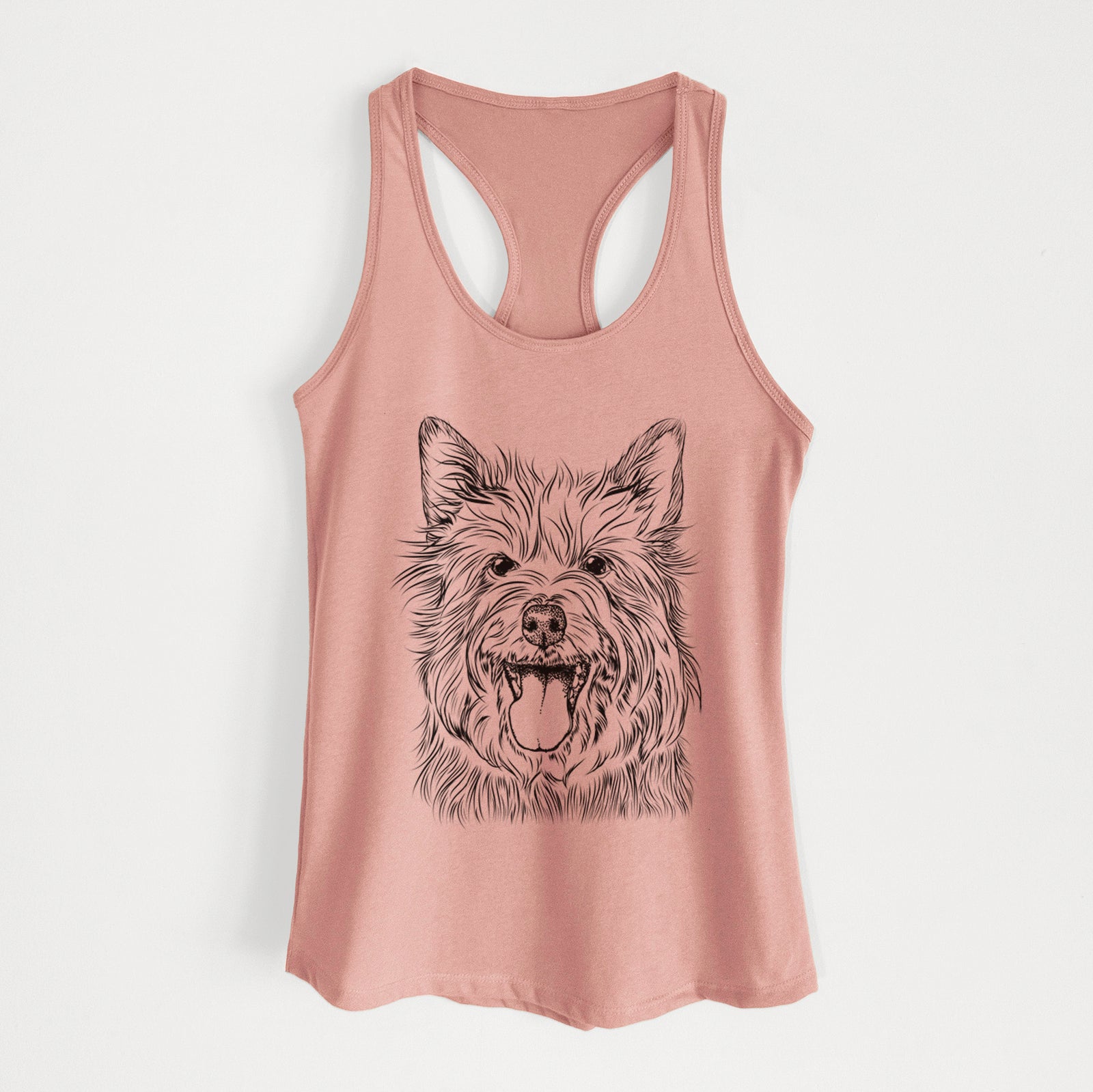 Hand-drawn sketch of Middy the Australian Terrier on a Desert Pink Women's racerback tanktop