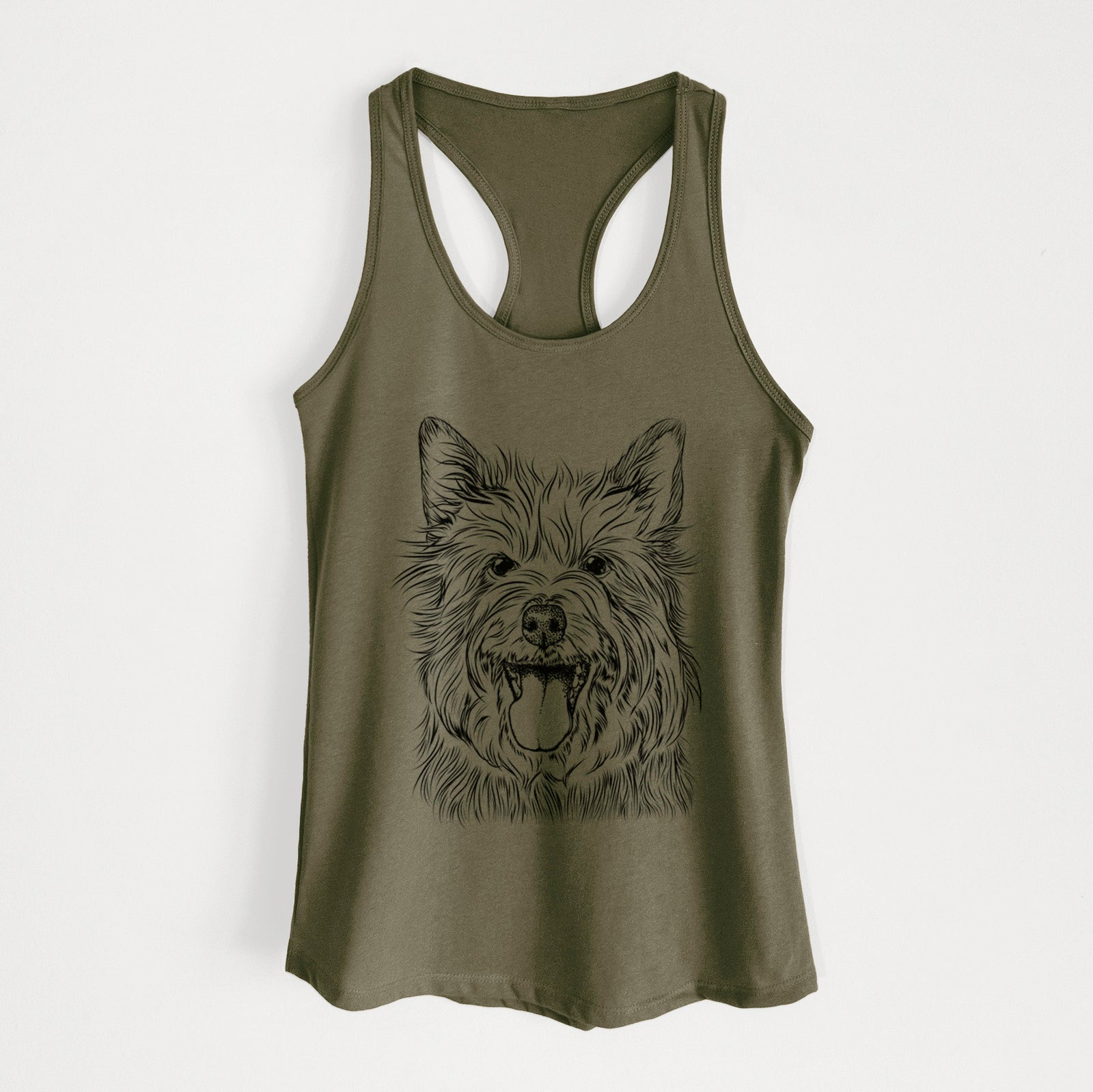 Hand-drawn sketch of Middy the Australian Terrier on a Military Green Women's racerback tanktop