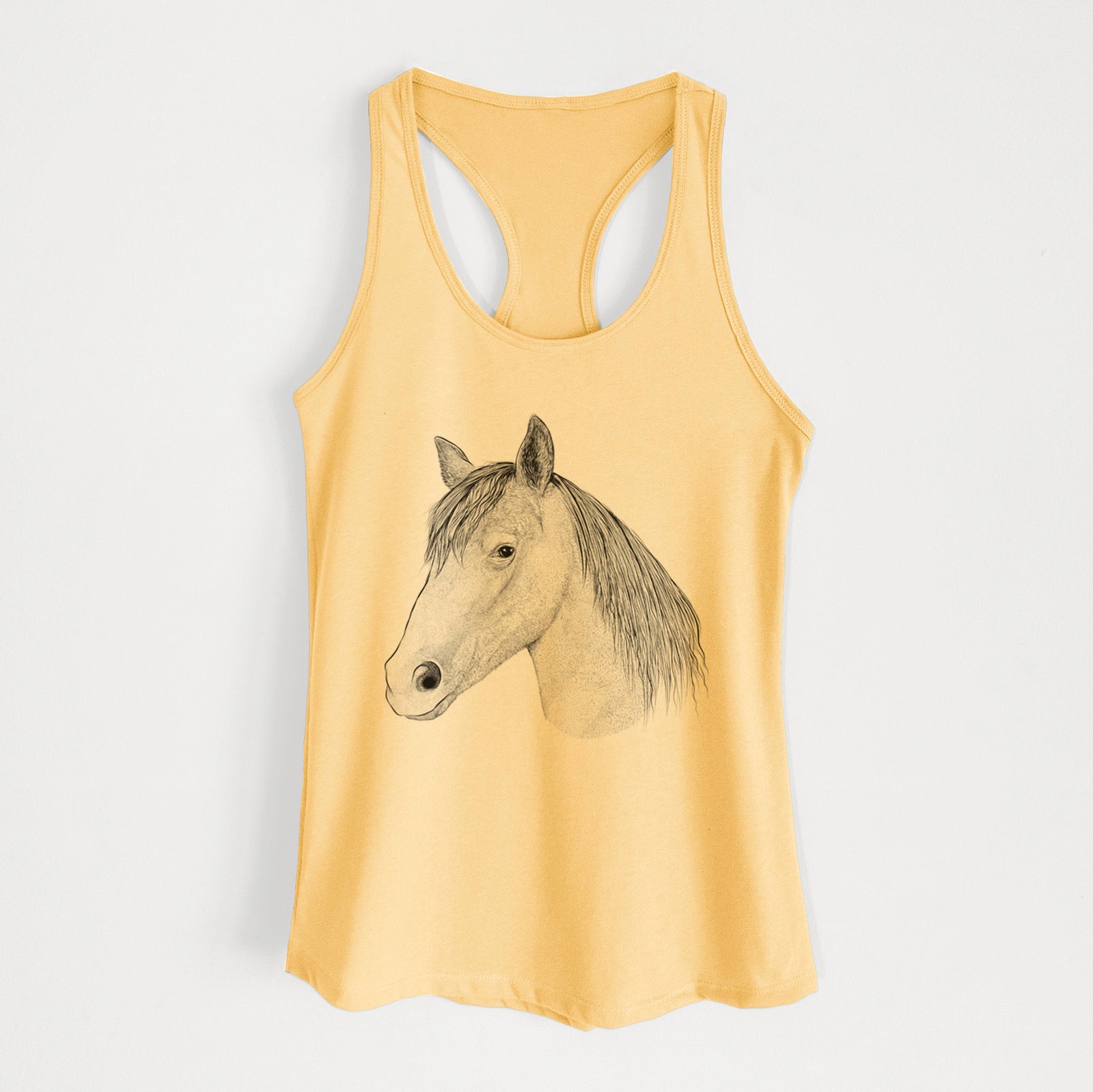 Hand-drawn sketch of Midnight the Missouri Foxtrotter Horse on a Banana Cream Women's racerback tanktop