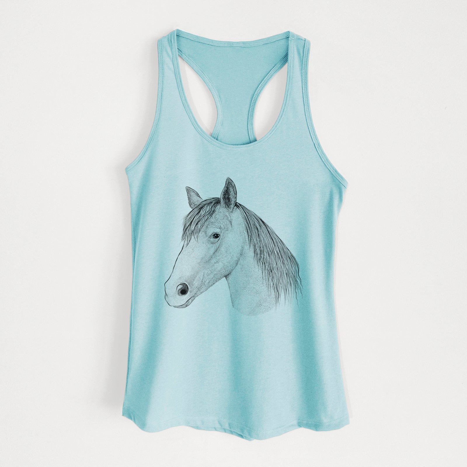 Hand-drawn sketch of Midnight the Missouri Foxtrotter Horse on a Cancun Blue Women's racerback tanktop