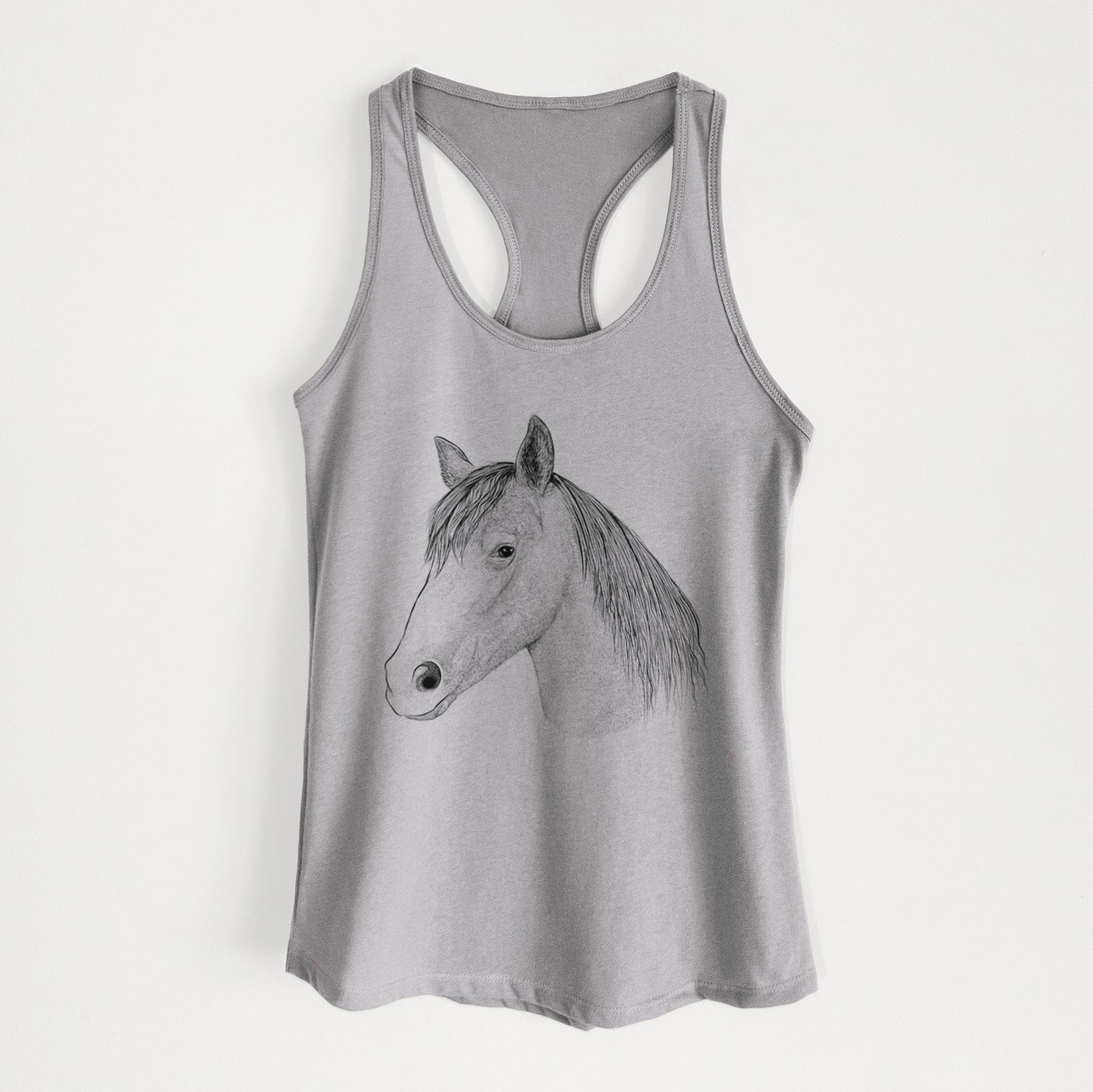 Hand-drawn sketch of Midnight the Missouri Foxtrotter Horse on a Heather Grey Women's racerback tanktop