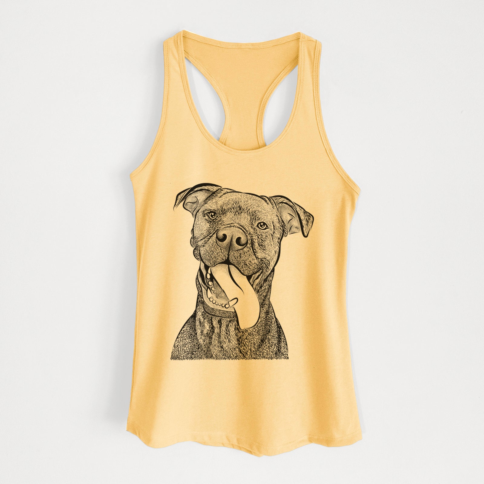 Hand-drawn sketch of Mikey the Boxador on a Banana Cream Women's racerback tanktop
