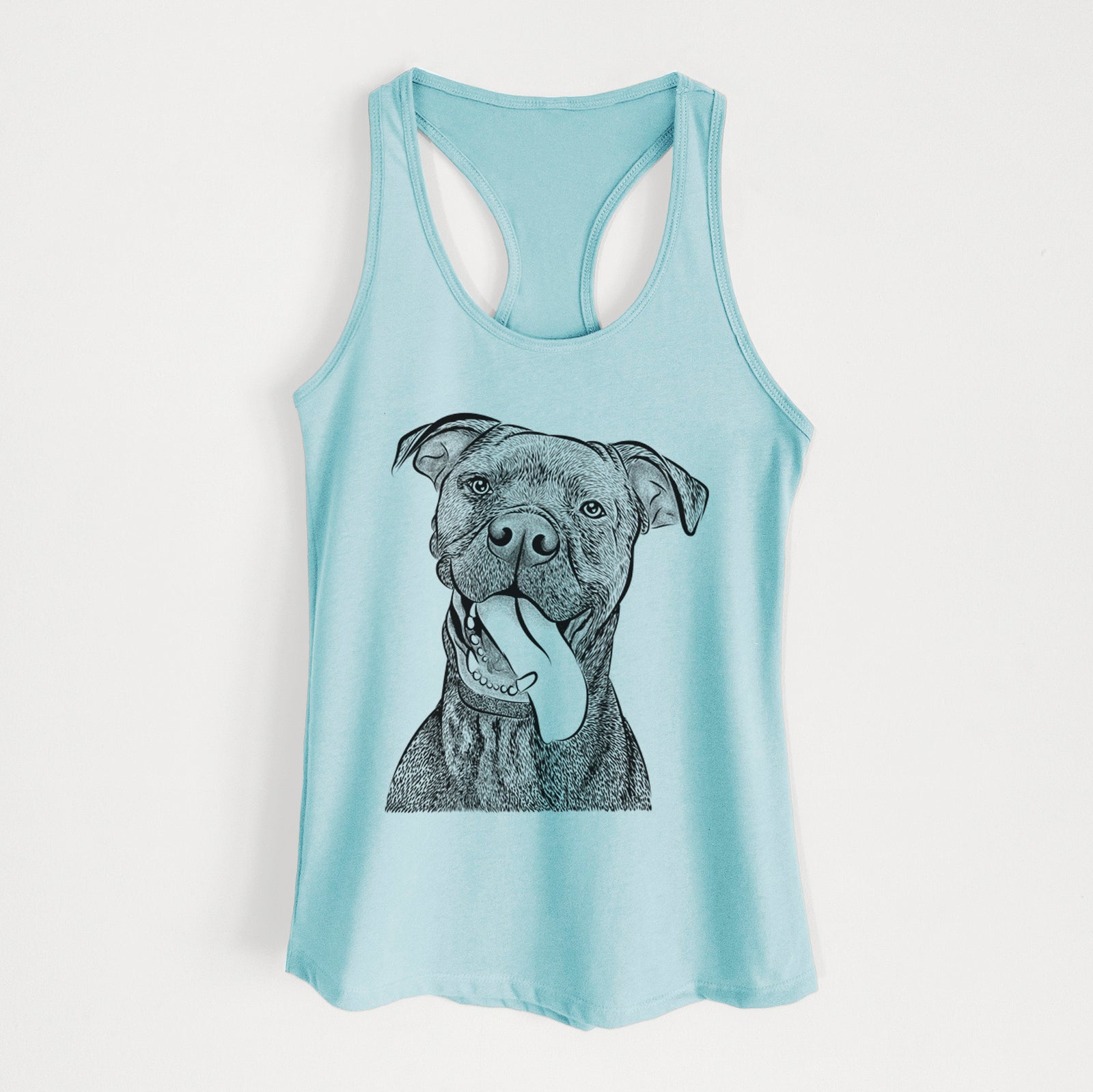 Hand-drawn sketch of Mikey the Boxador on a Cancun Blue Women's racerback tanktop