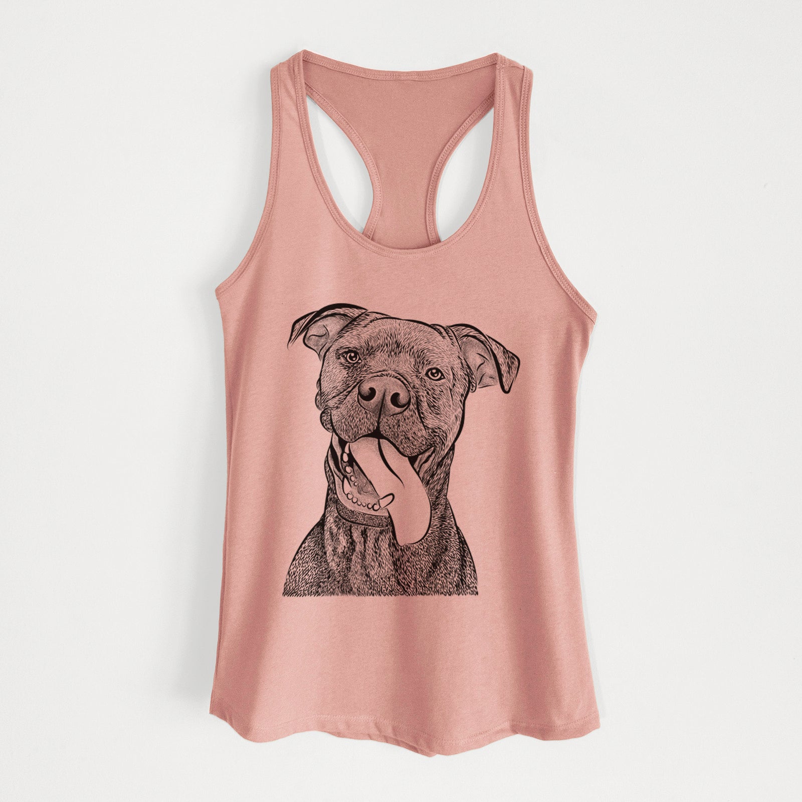 Hand-drawn sketch of Mikey the Boxador on a Desert Pink Women's racerback tanktop