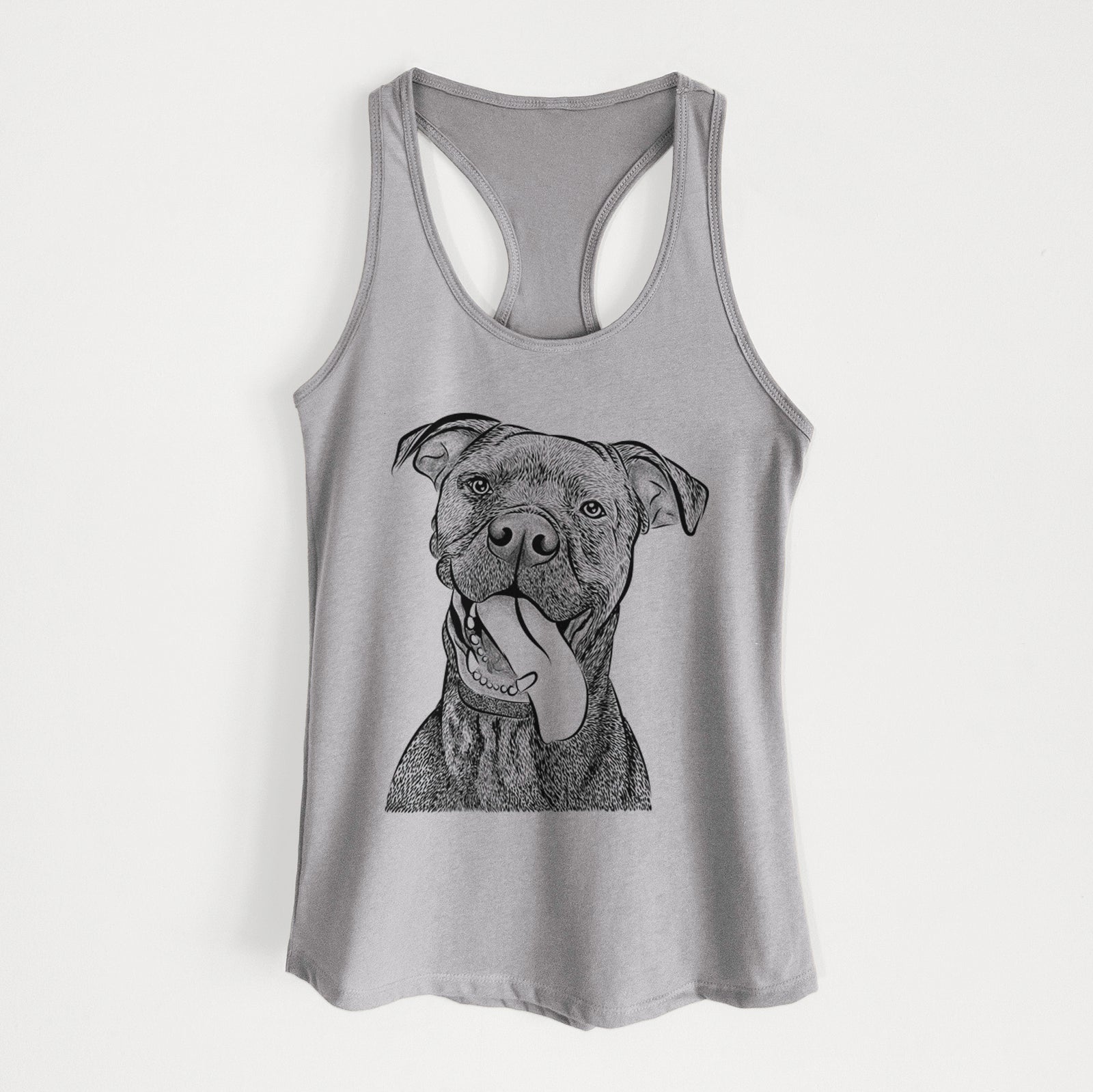 Hand-drawn sketch of Mikey the Boxador on a Heather Grey Women's racerback tanktop