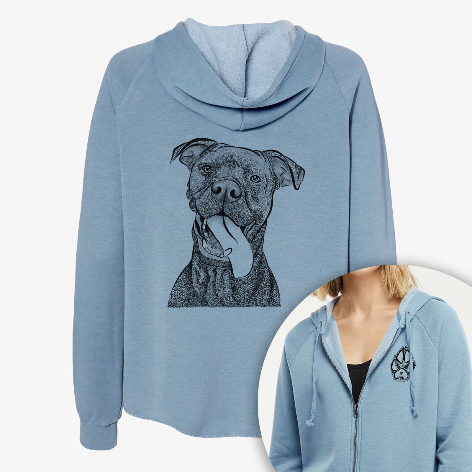 Hand-drawn sketch of Mikey the Boxador on a Women's cali wave zip-up sweatshirt, shown with icons of the other available costume styles