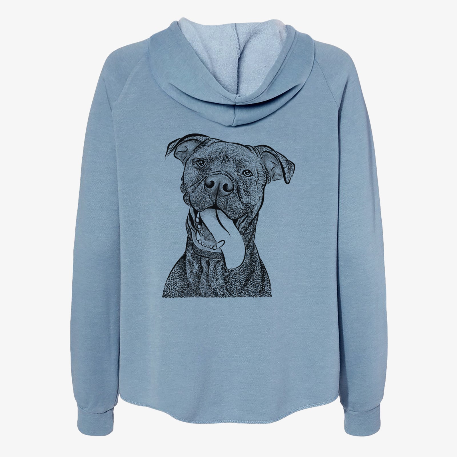 Hand-drawn sketch of Mikey the Boxador on a Misty Blue Women's cali wave zip-up sweatshirt