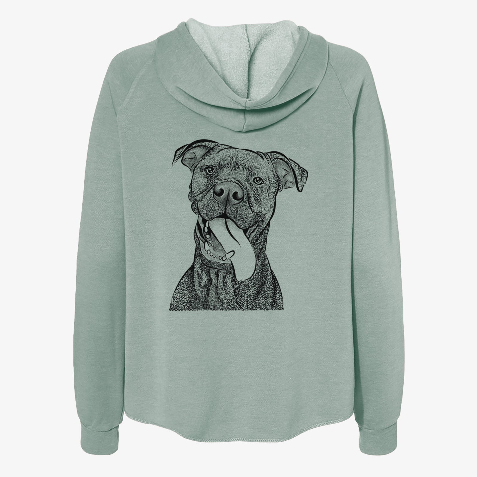 Hand-drawn sketch of Mikey the Boxador on a Sage Women's cali wave zip-up sweatshirt