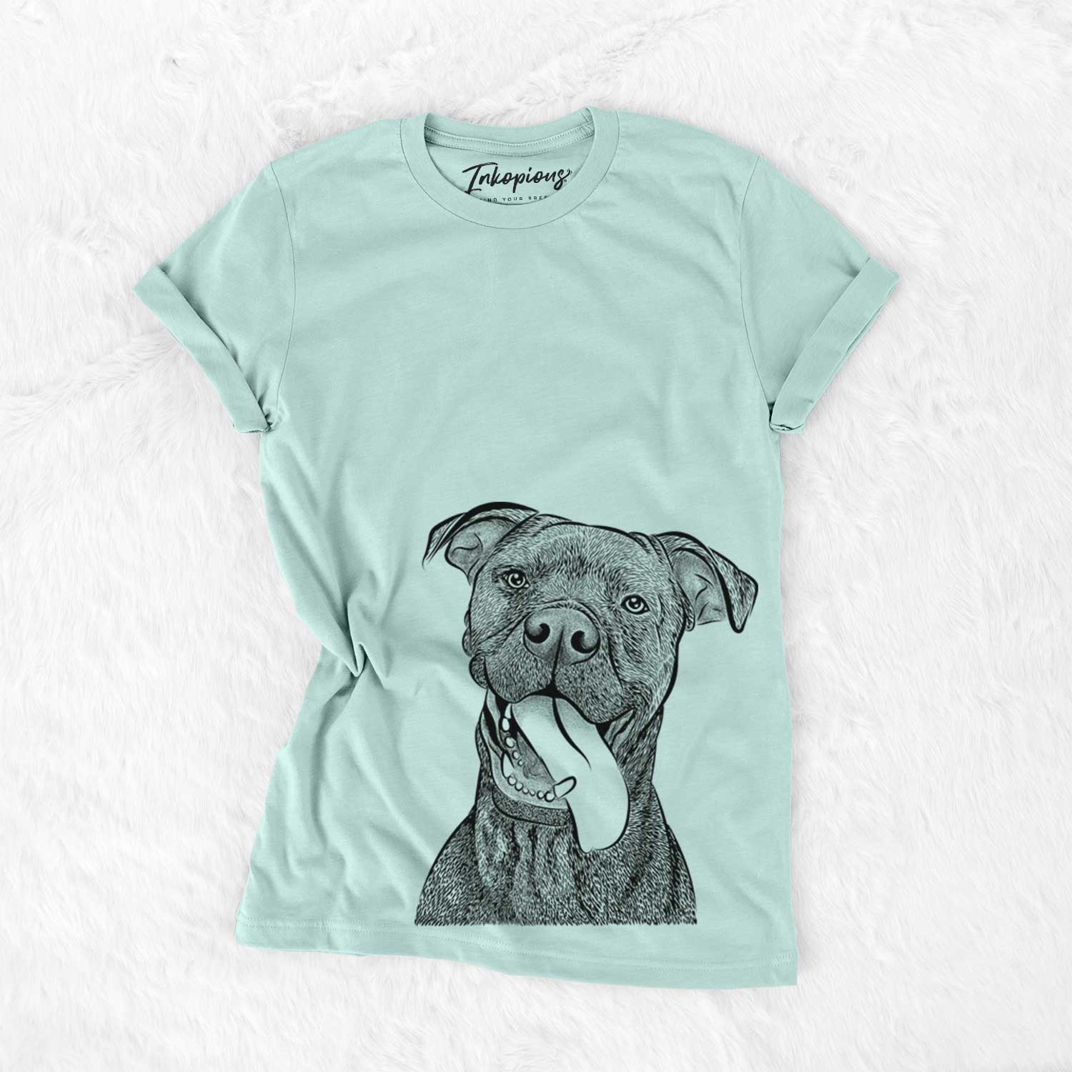Hand-drawn sketch of Mikey the Boxador on a Heather Sage Unisex crewneck