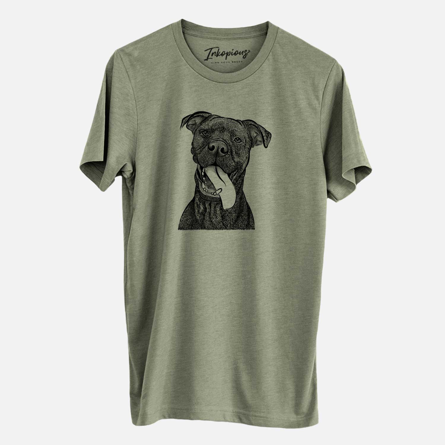 Hand-drawn sketch of Mikey the Boxador on an Olive Unisex crewneck