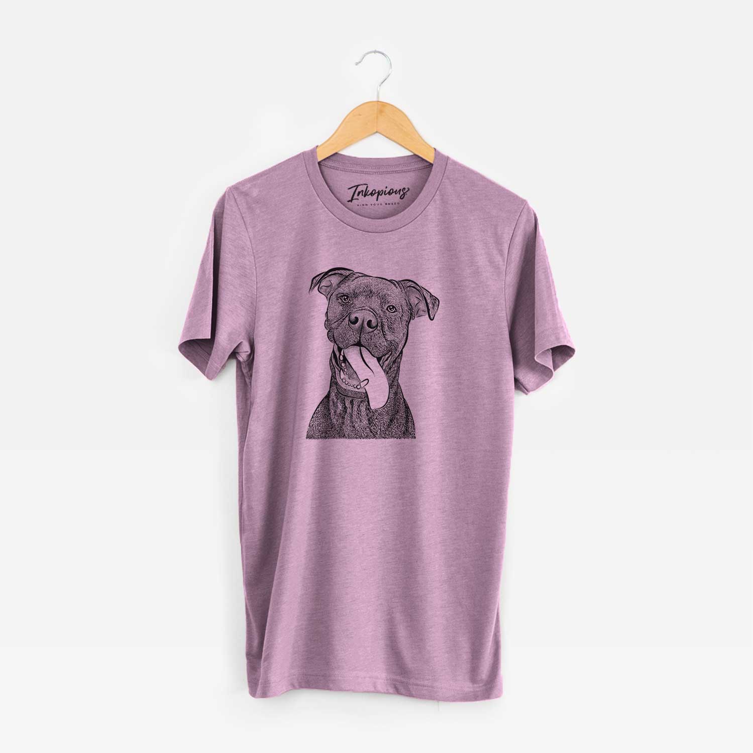 Hand-drawn sketch of Mikey the Boxador on an Orchid Unisex crewneck