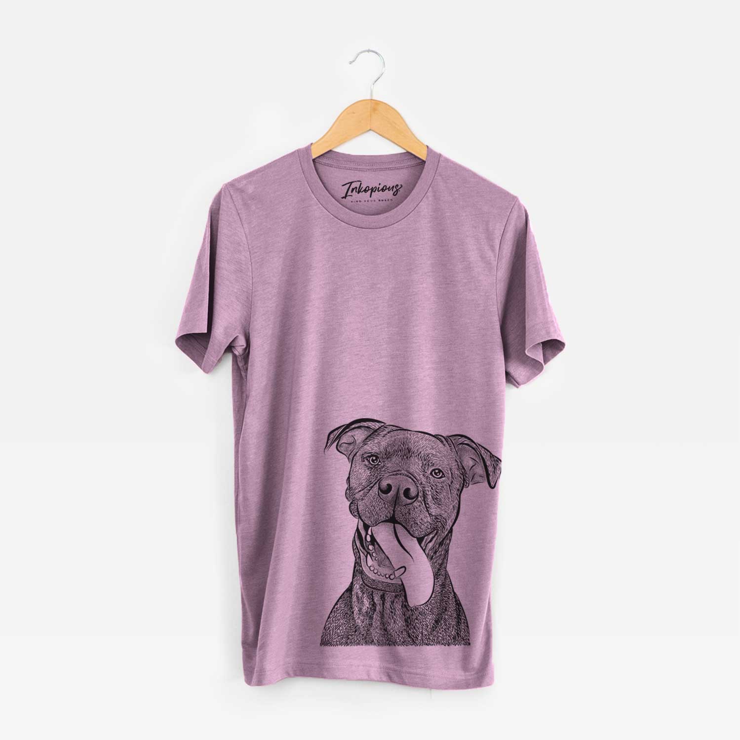 Hand-drawn sketch of Mikey the Boxador on an Orchid Unisex crewneck
