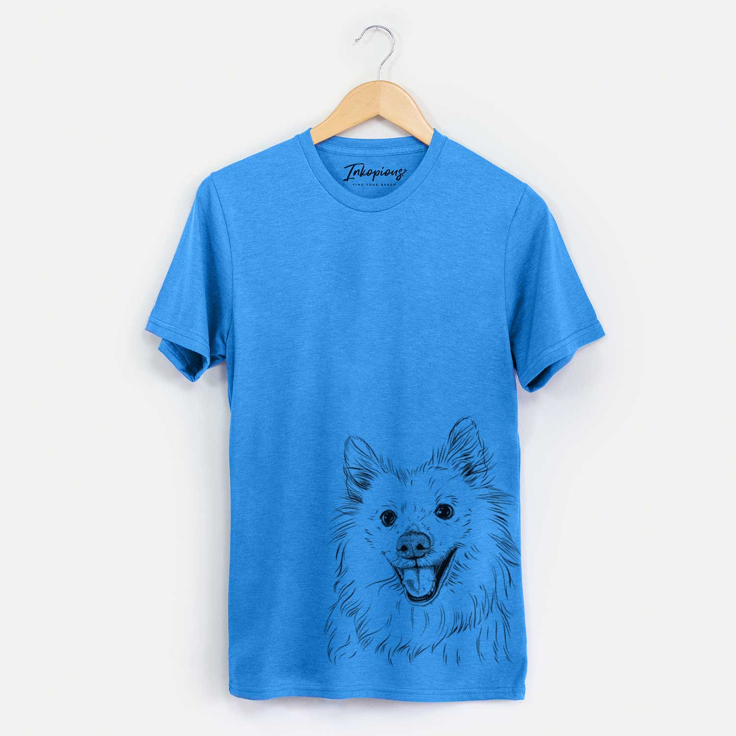 Hand-drawn sketch of Miki the American Eskimo on a Blue Unisex crewneck