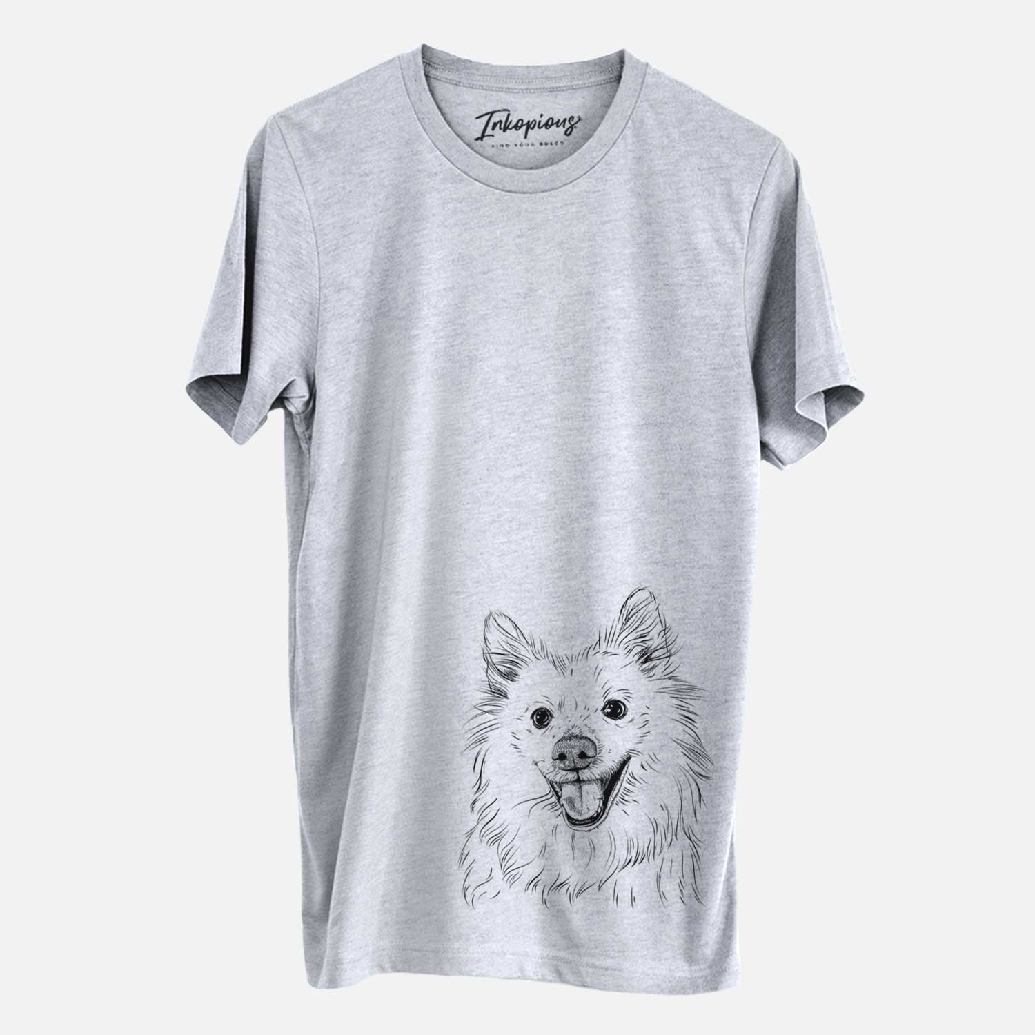 Hand-drawn sketch of Miki the American Eskimo on a Grey Unisex crewneck