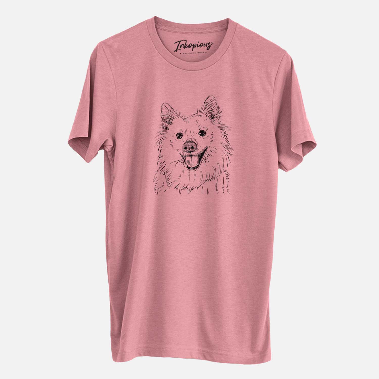 Hand-drawn sketch of Miki the American Eskimo on a Mauve Unisex crewneck