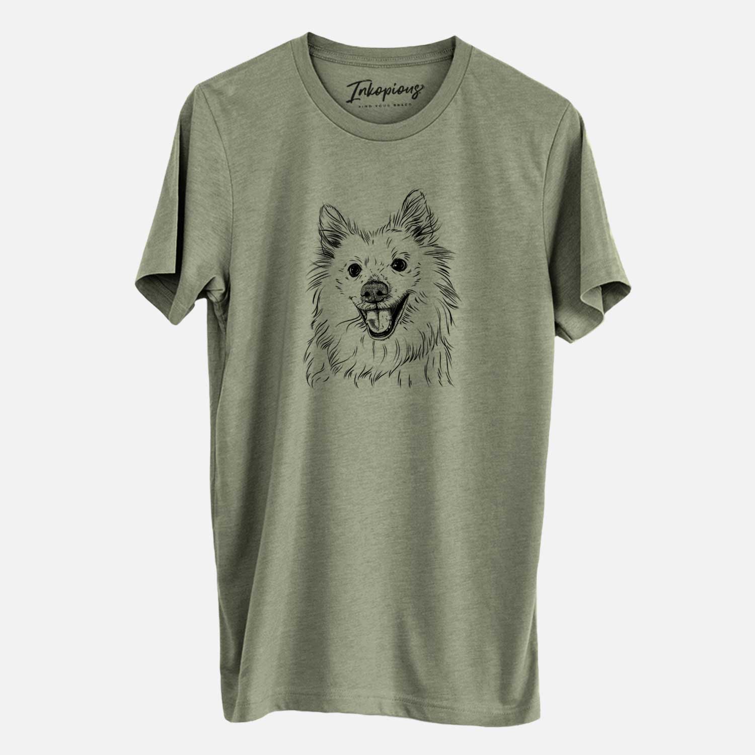 Hand-drawn sketch of Miki the American Eskimo on an Olive Unisex crewneck