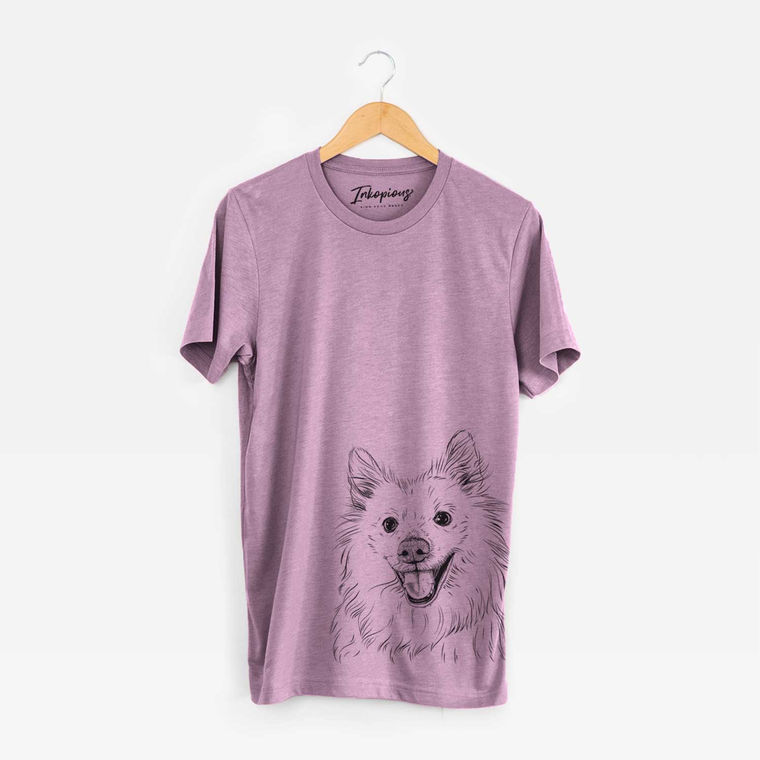 Hand-drawn sketch of Miki the American Eskimo on an Orchid Unisex crewneck