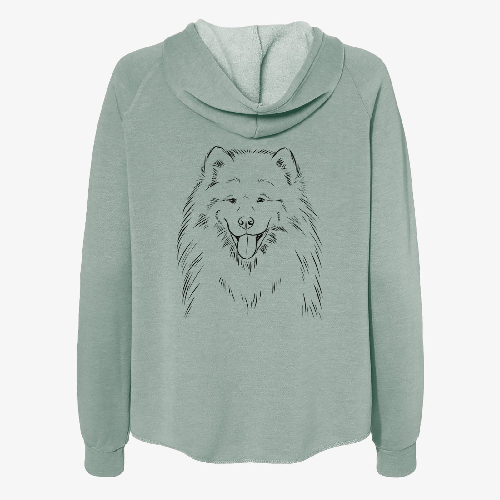 Hand-drawn sketch of Mikko the Samoyed on a Sage Women's cali wave zip-up sweatshirt